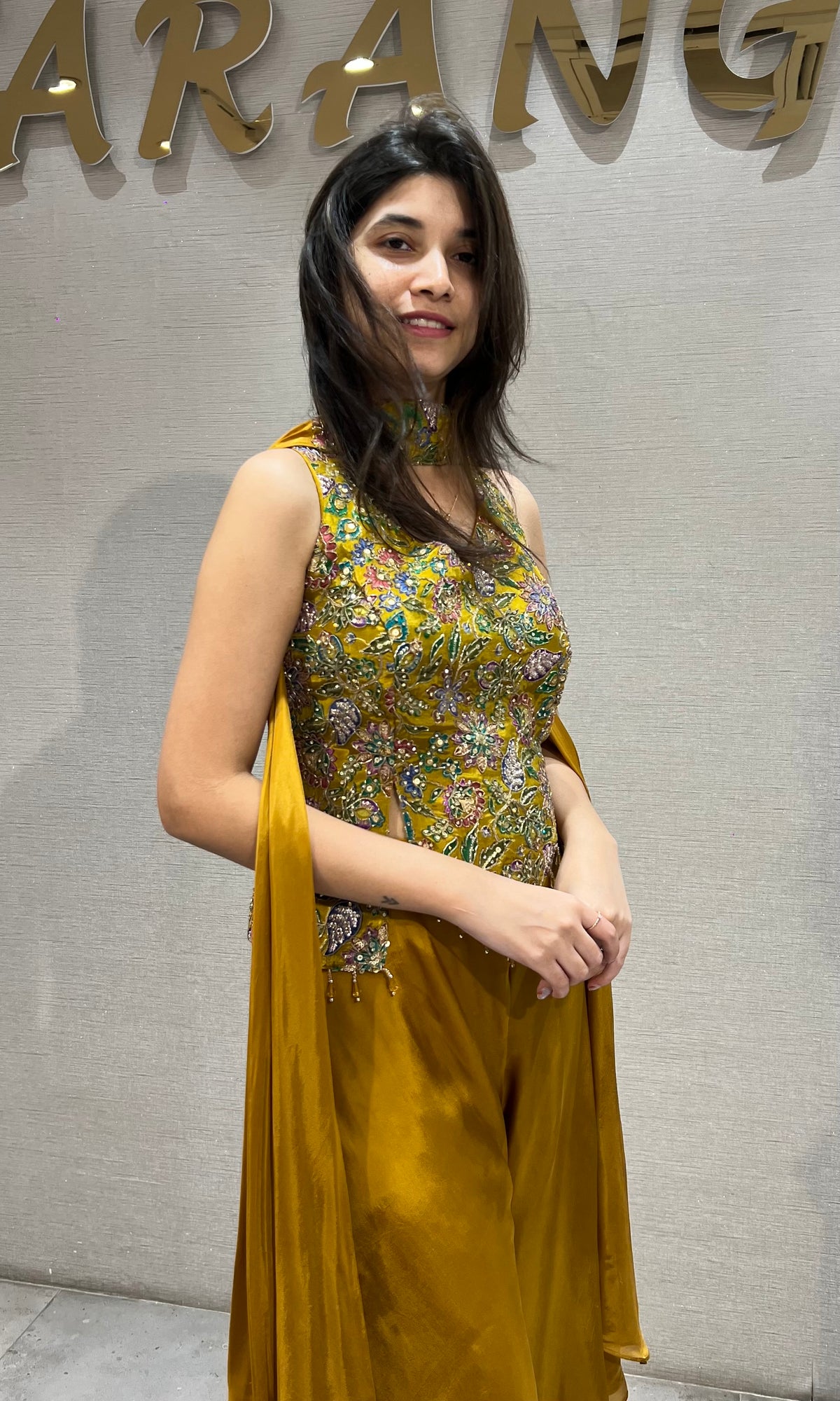 Mustard Gold Satin silk Embroidered Palazzo Set