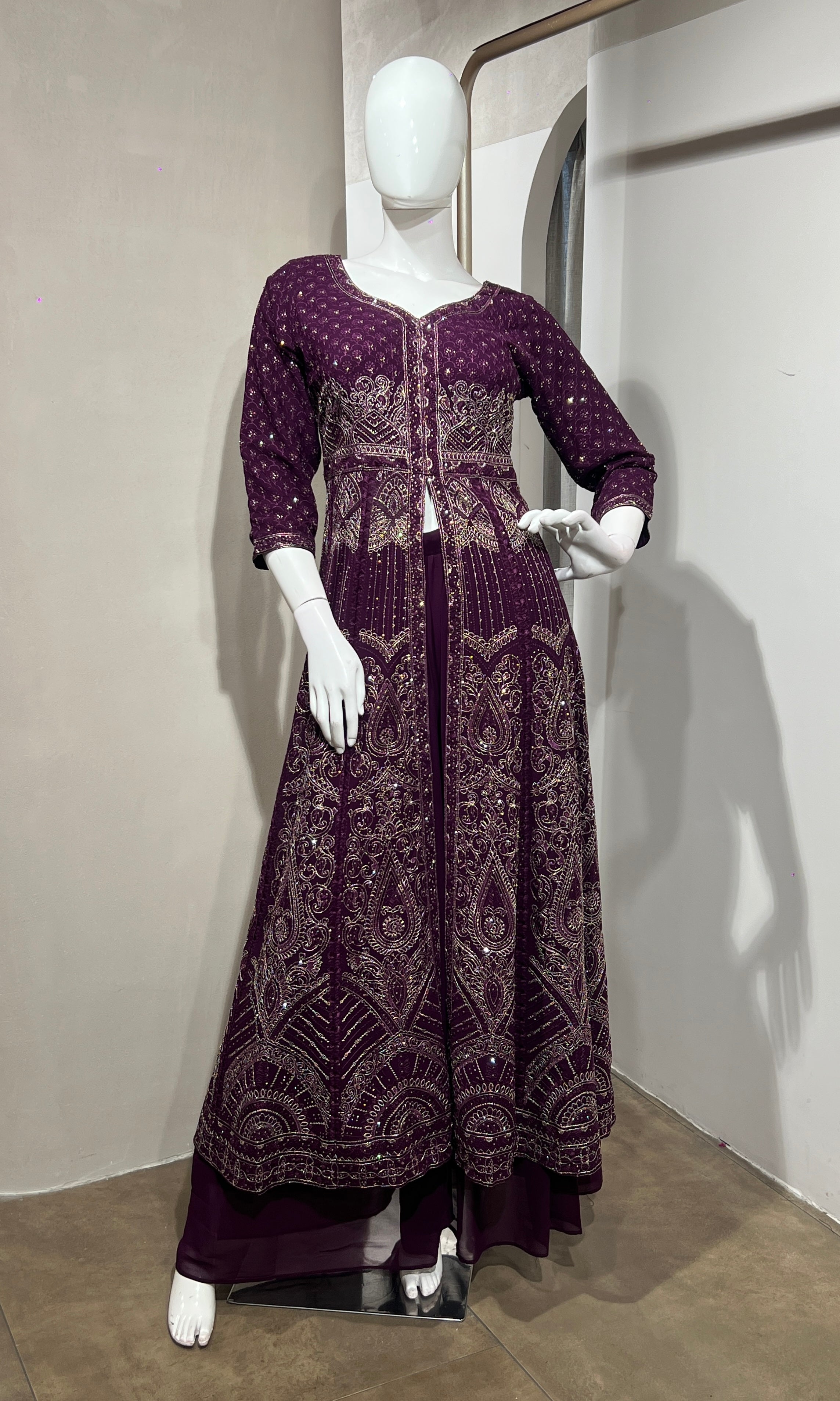 Wine FRONT SLIT ANARKALI WITH PALAZZO PANTS