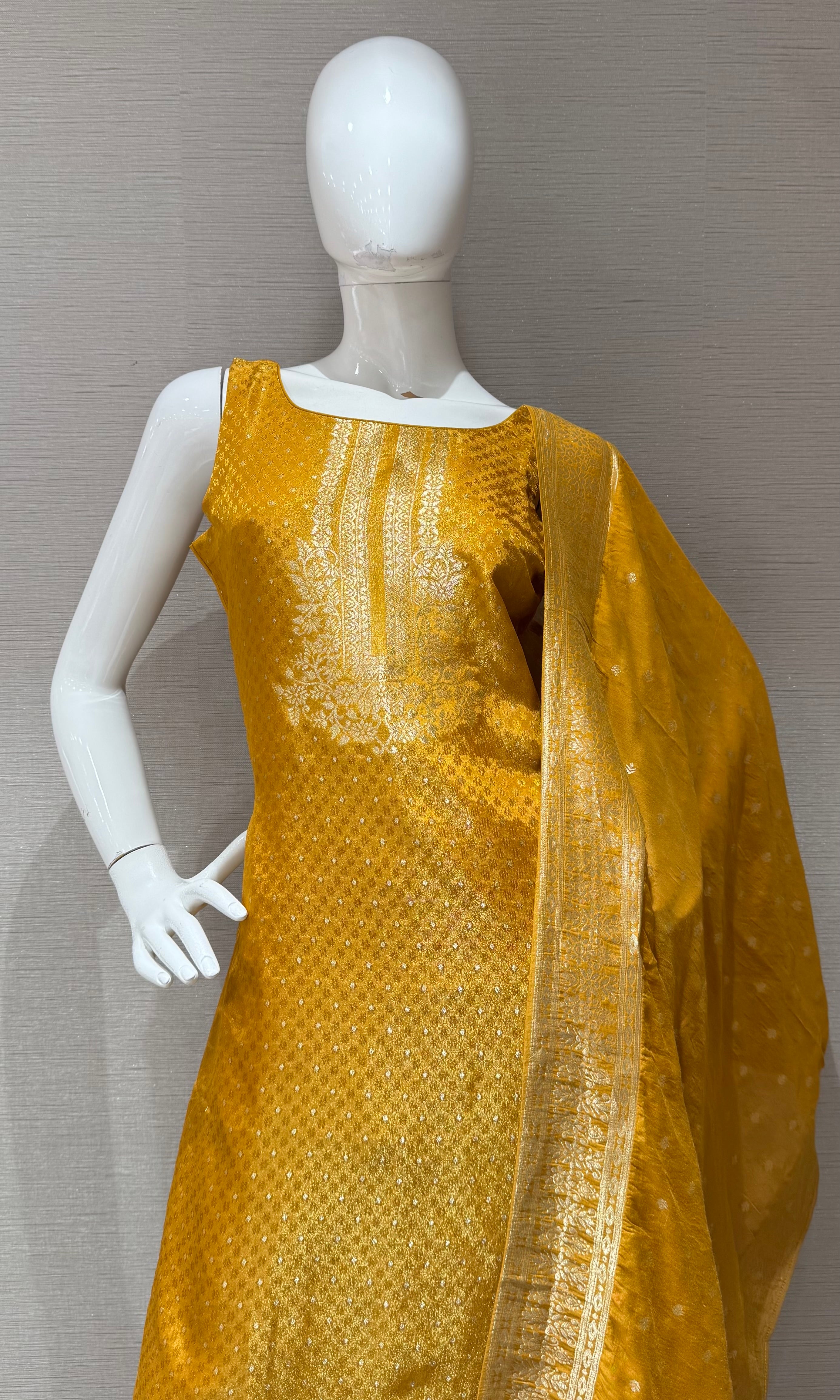 Mustard Yellow Kurta Set with Metallic Border Dupatta