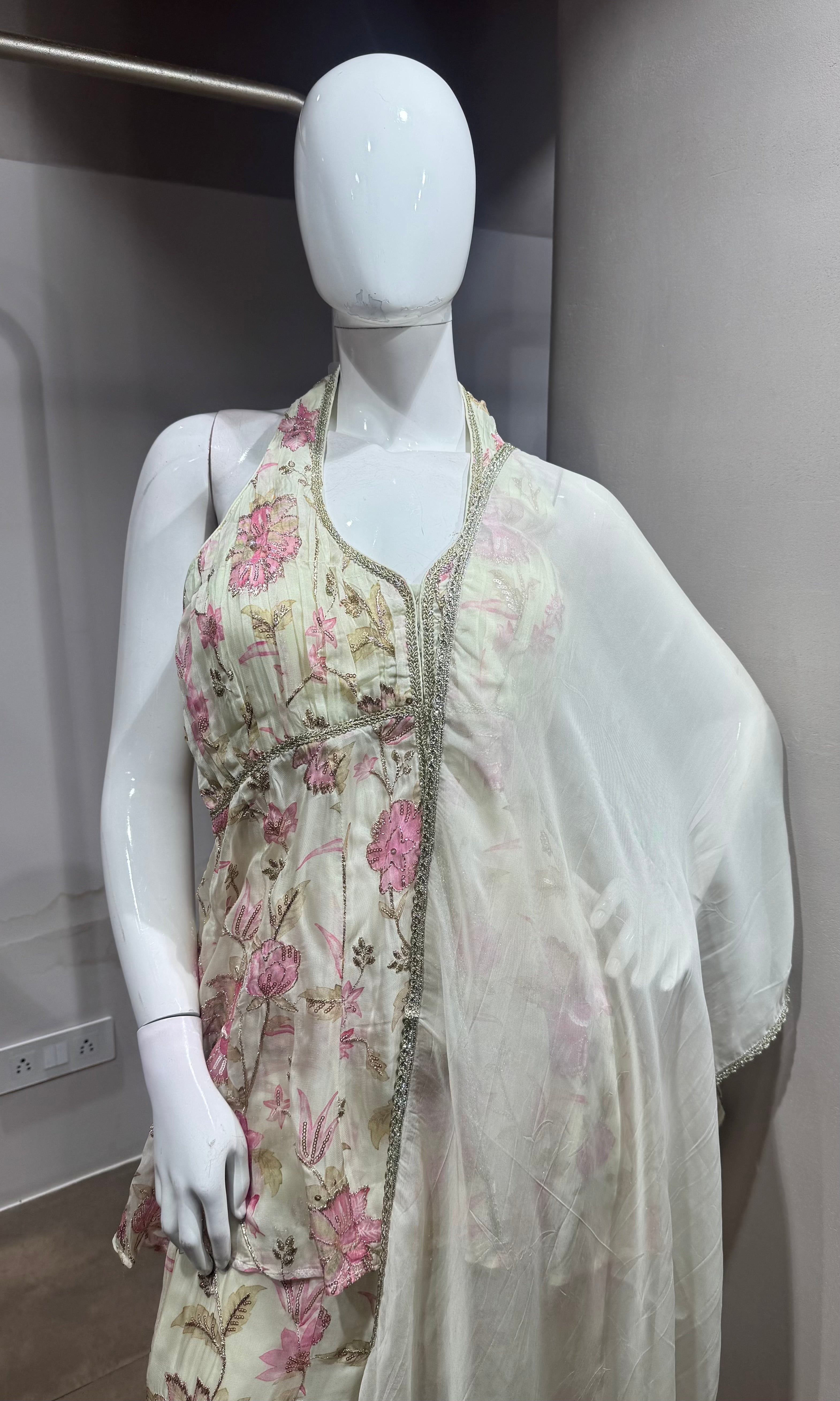 Ivory Floral Halter Peplum palazzo Set