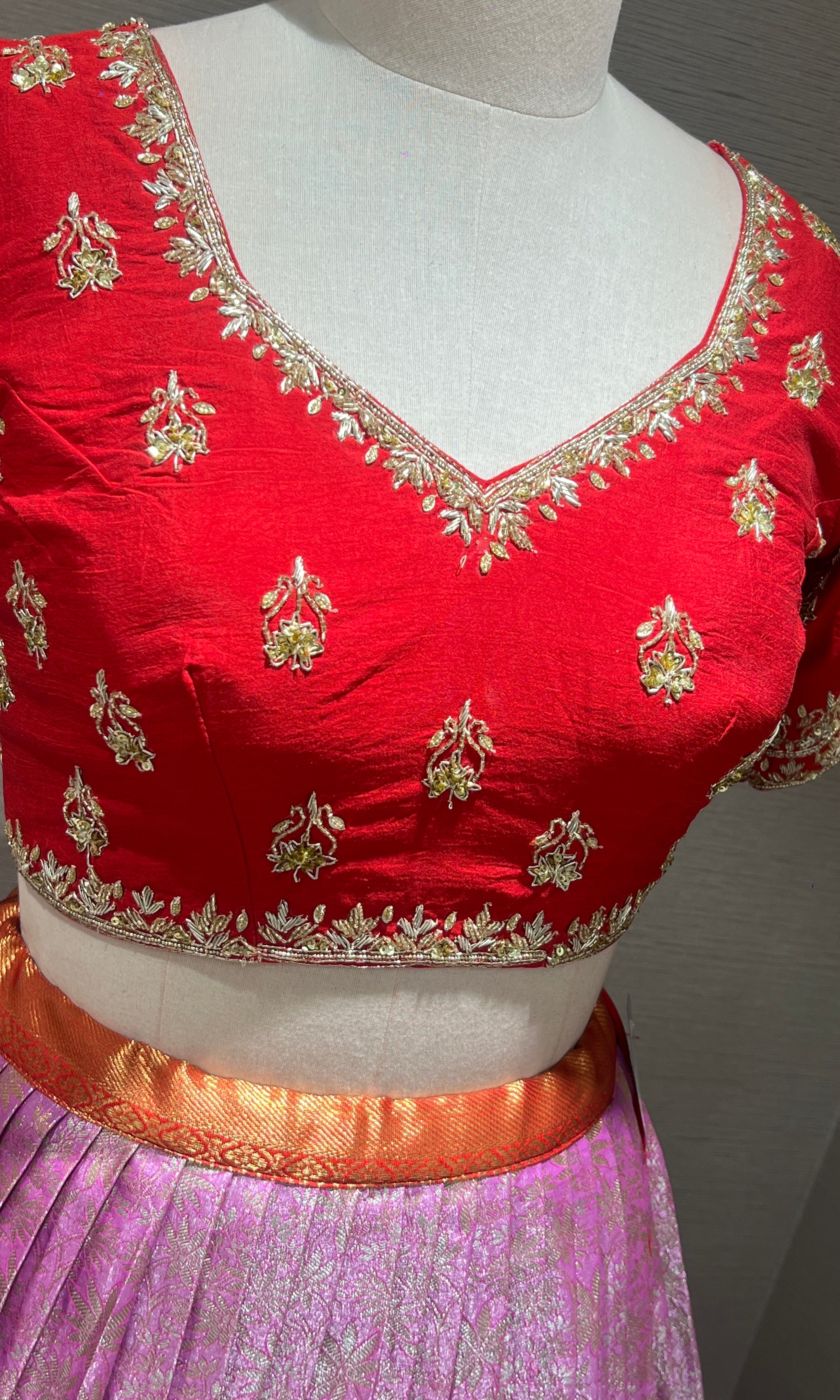 Lavender & Red LEHENGA WITH RAW SILK DUPATTA