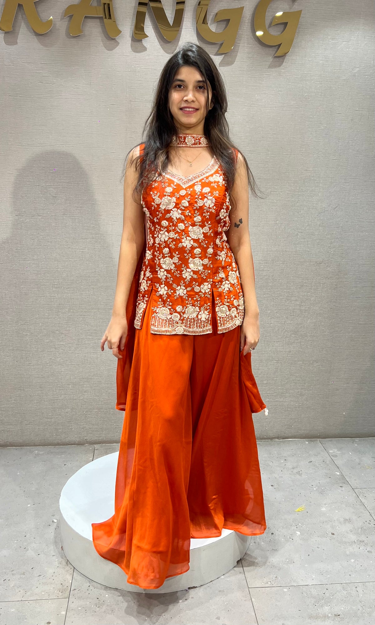 Orange Silk Floral Embroidered Palazzo Set