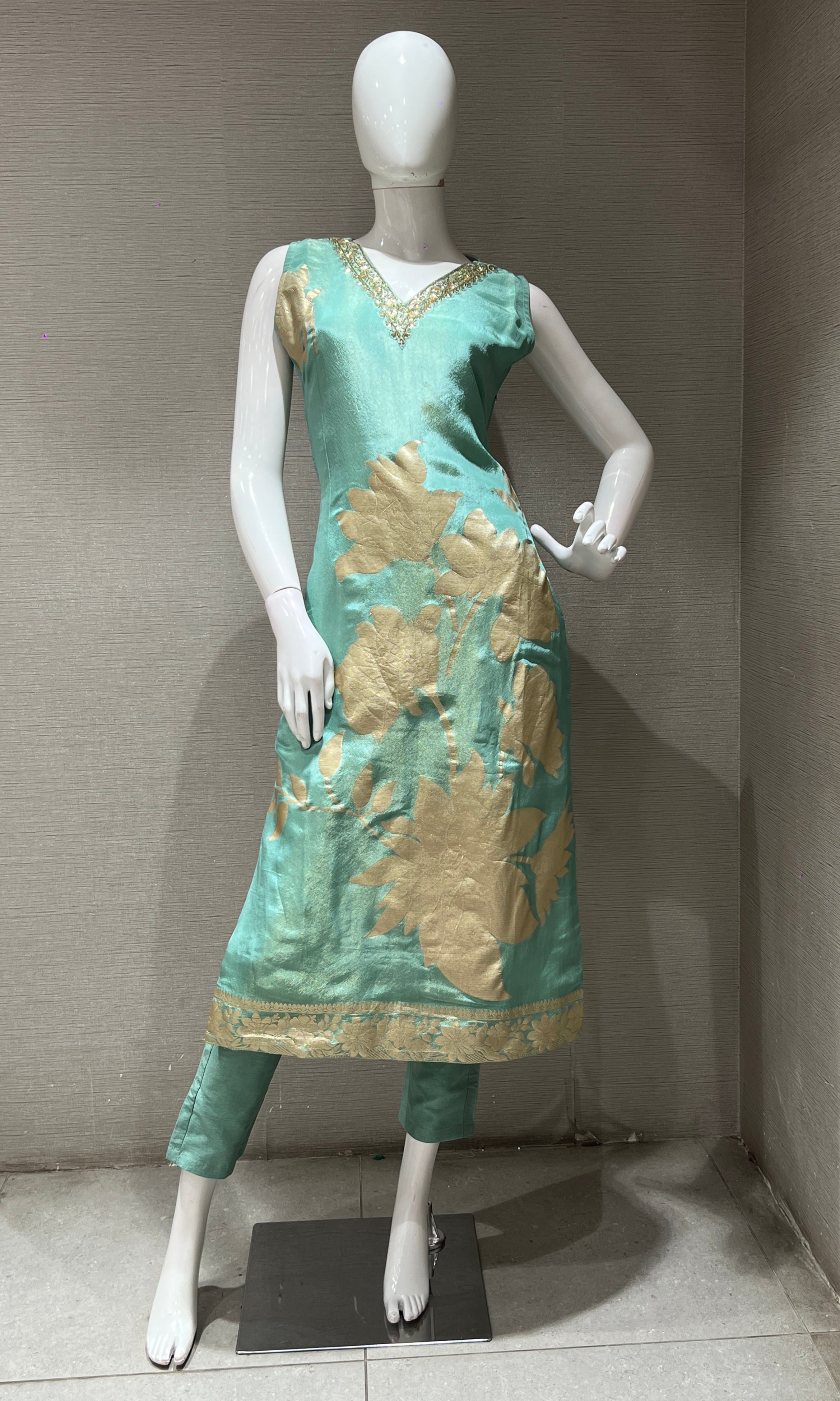 Sea green golden floral kurta set