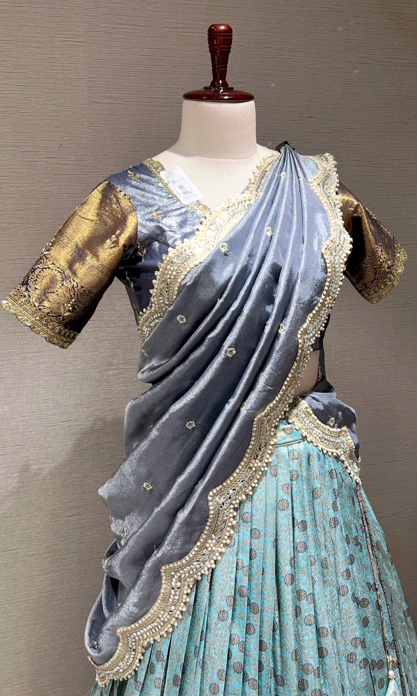 SEA BLUE Lehenga with AQUA Floral Weave