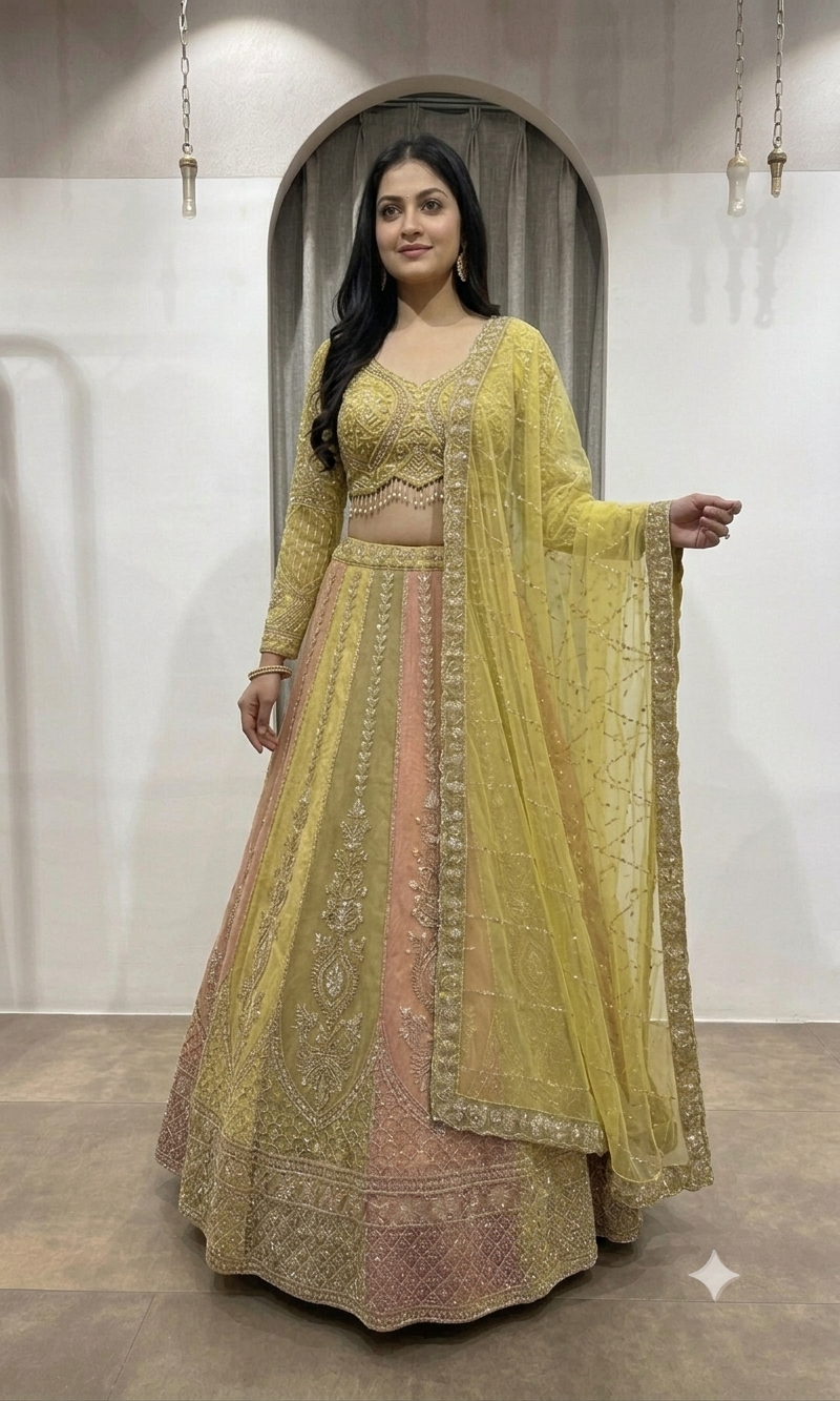 Lime Green & Blush Pink Embroidered Lehenga Set
