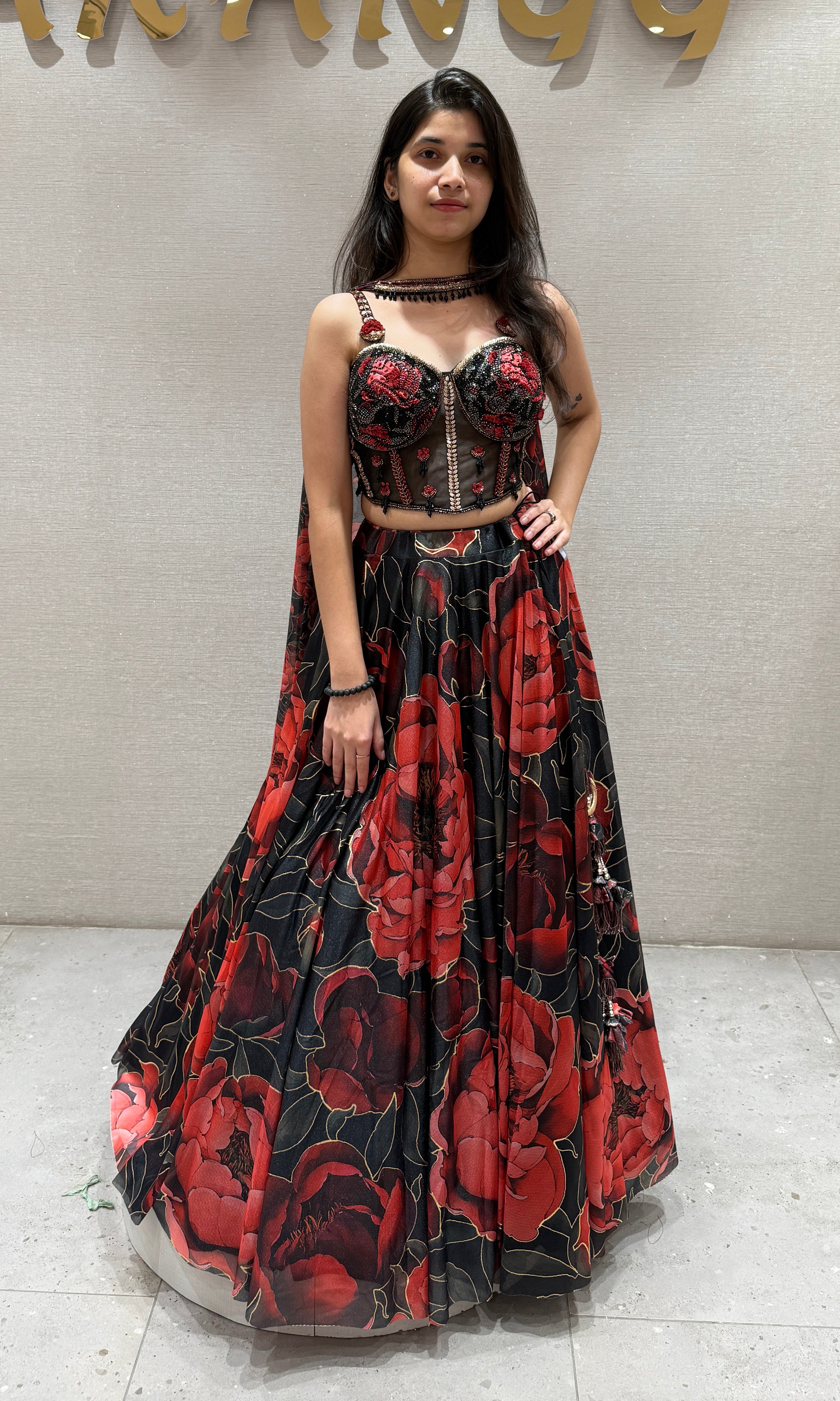 Black Red Floral Printed Lehenga Set