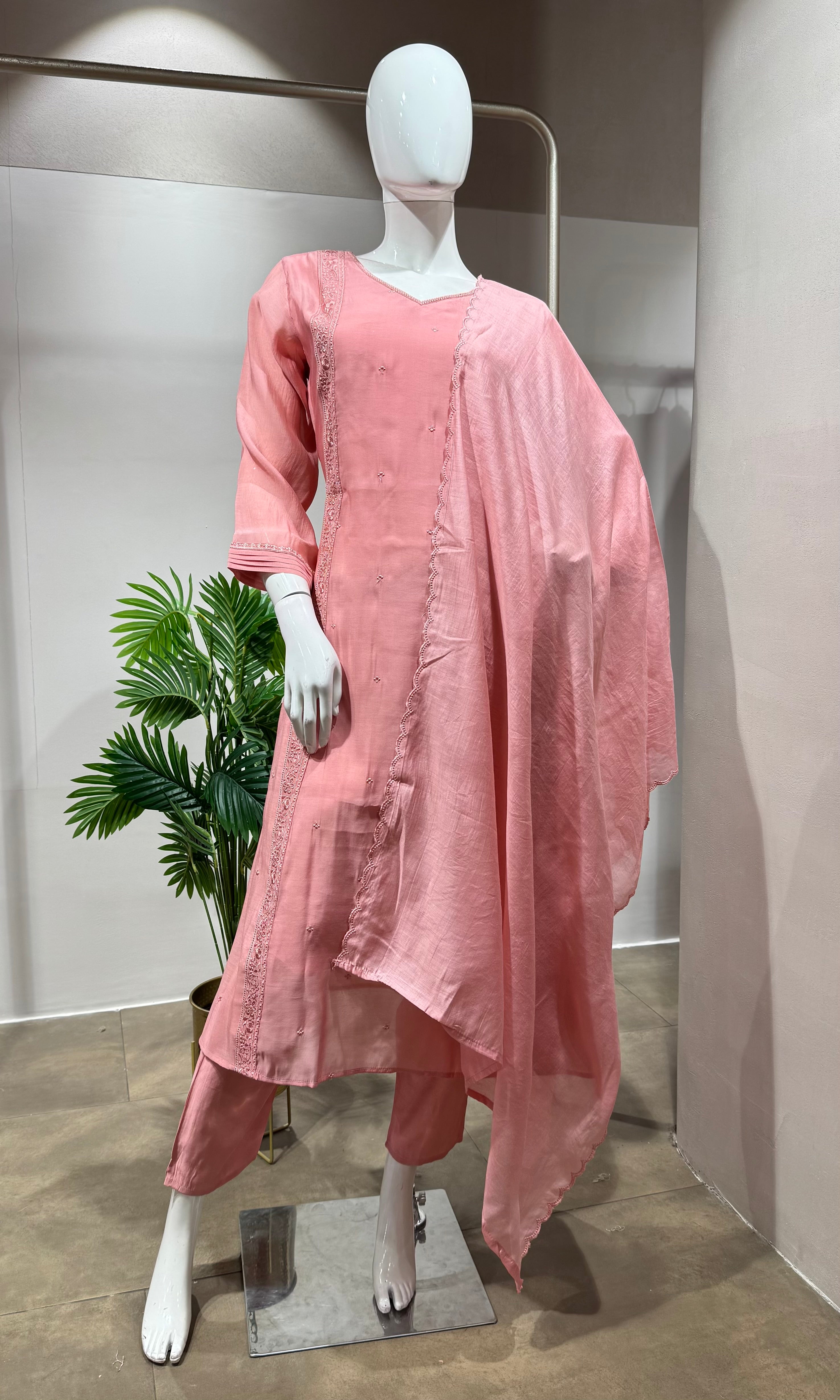 BABY PINK Embroidered Chanderi Silk Straight Kurta Set