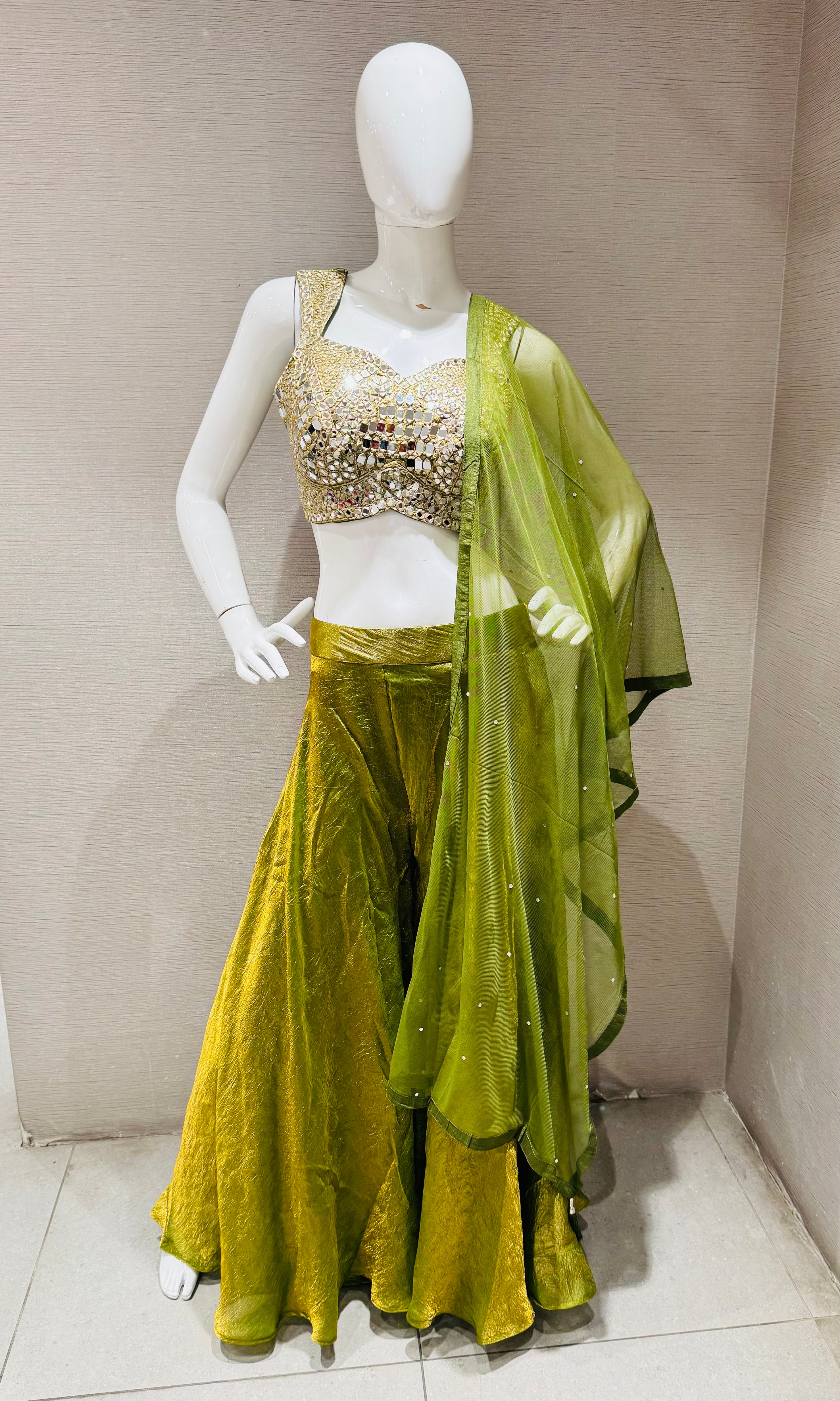 Olive Green Georgette Palazzo with Embellished Blouse
