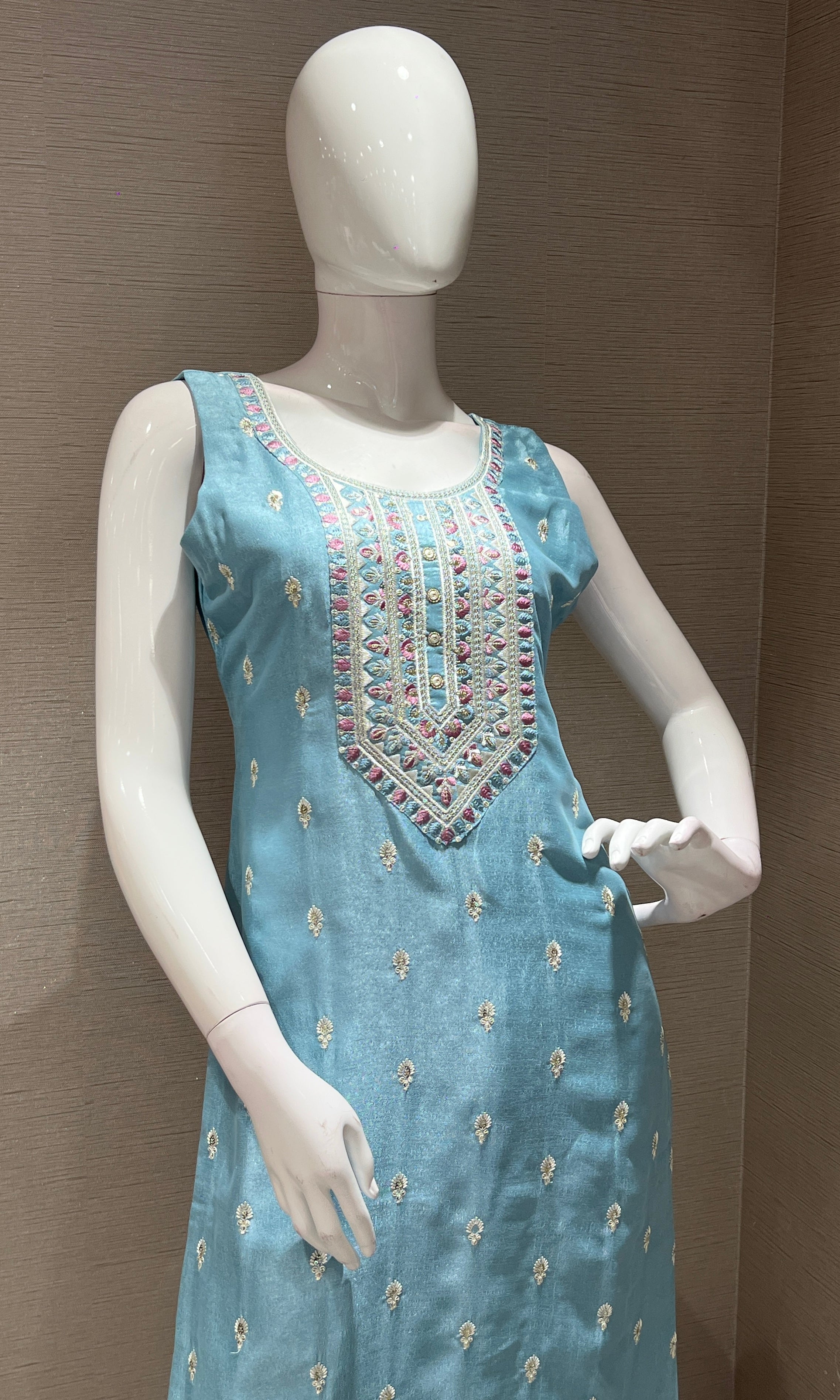 SEA blue kurta set with a pink dupatta