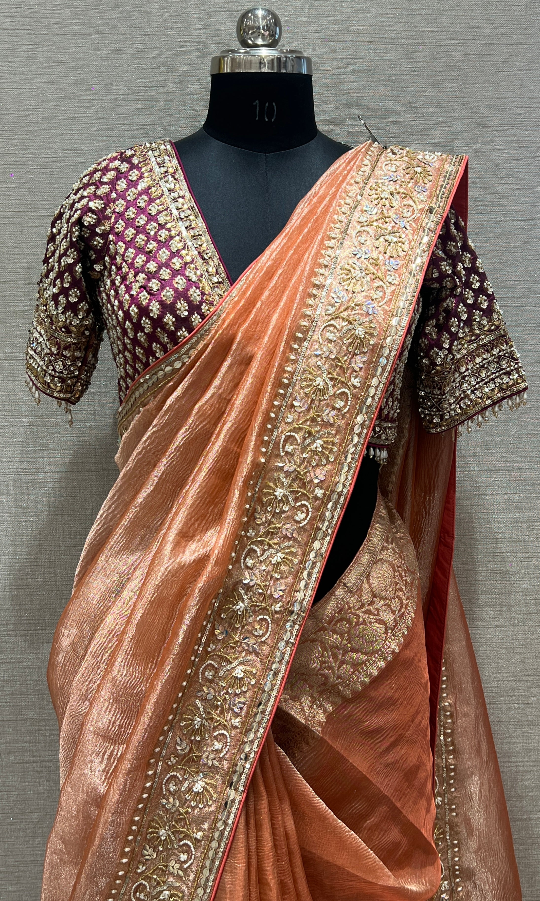 Wine and rust orange saree with ready blouse 1888