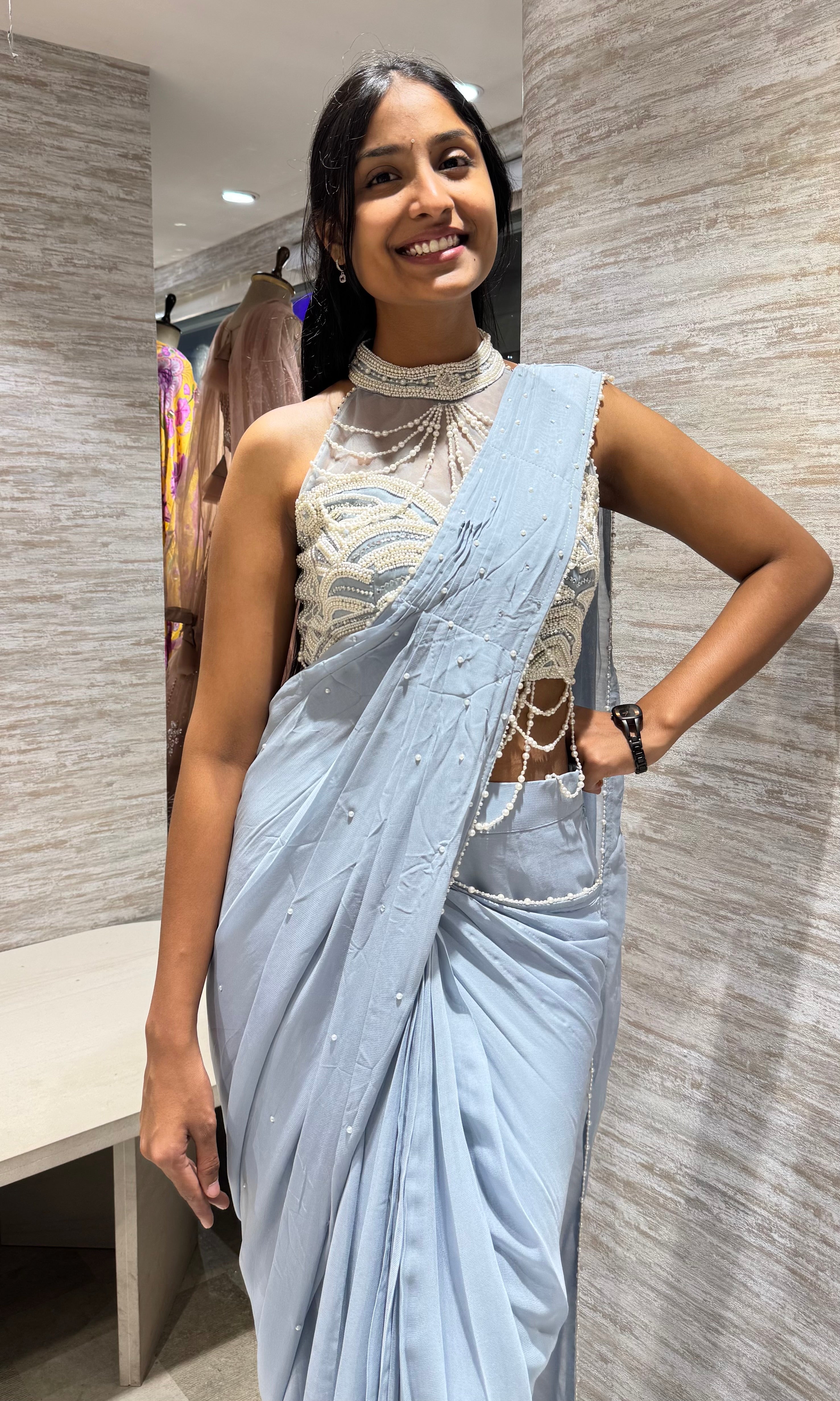 Blue Drape Saree with embellished haler neck