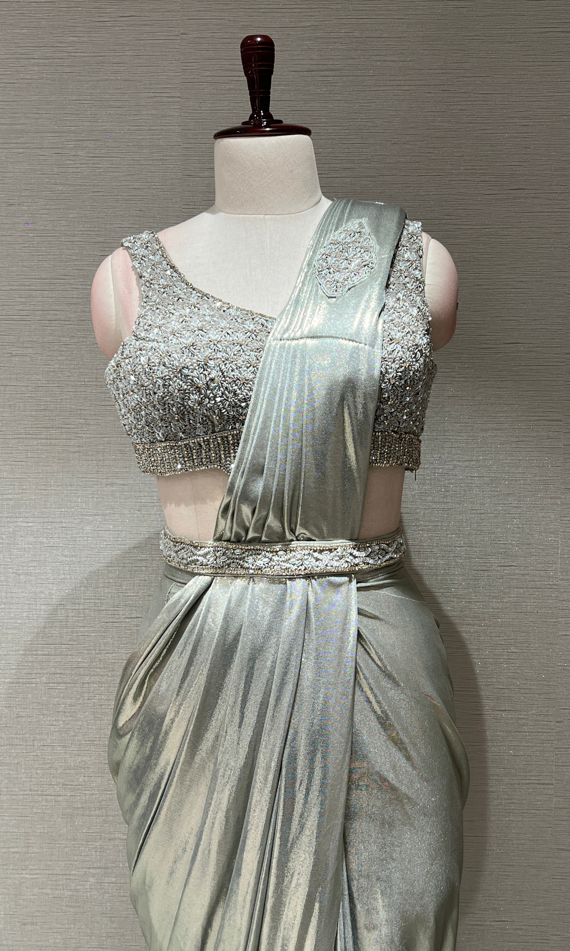 grey draped saree with sequin corset blouse