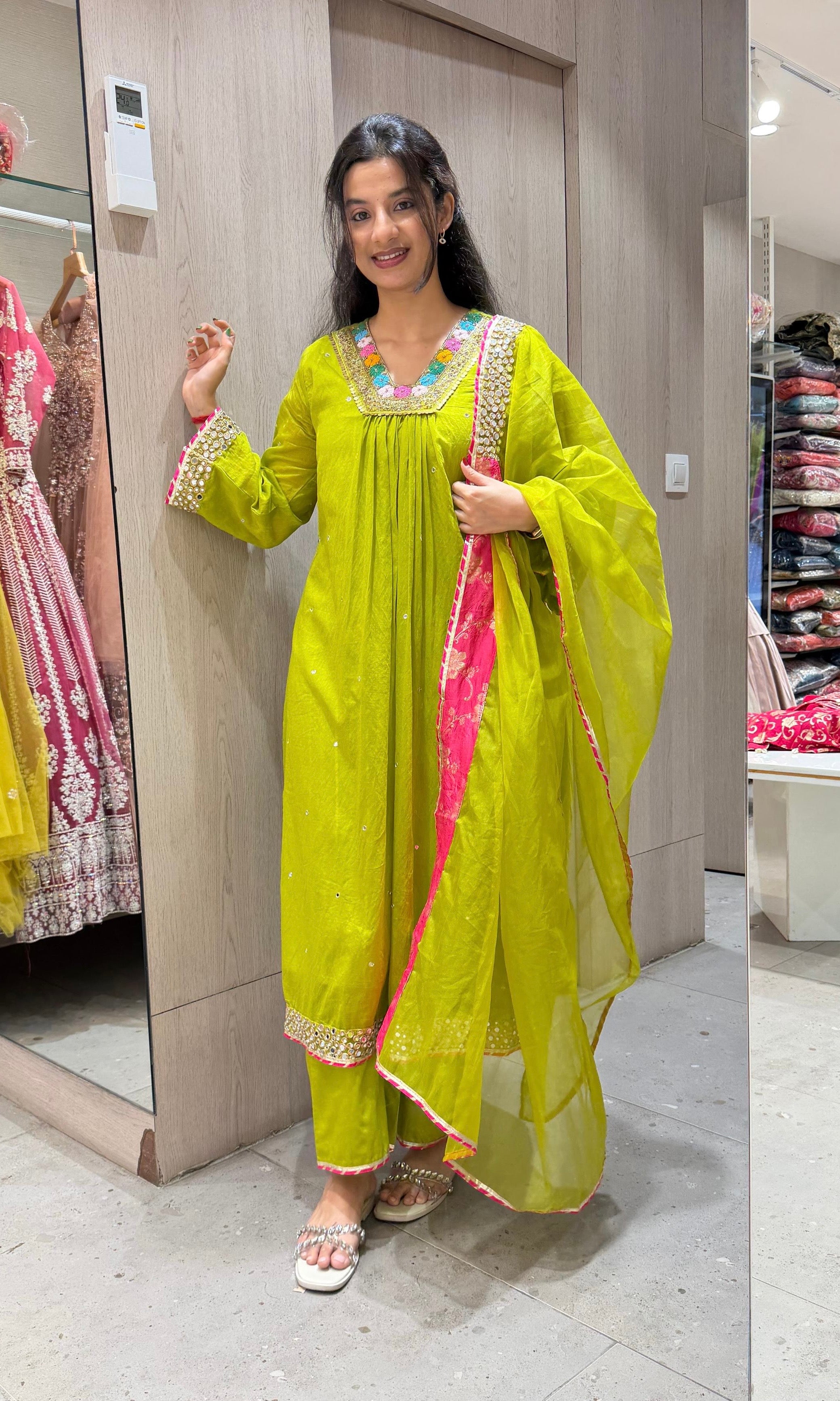 GREEN FLORAL NECK A LINE kurta set
