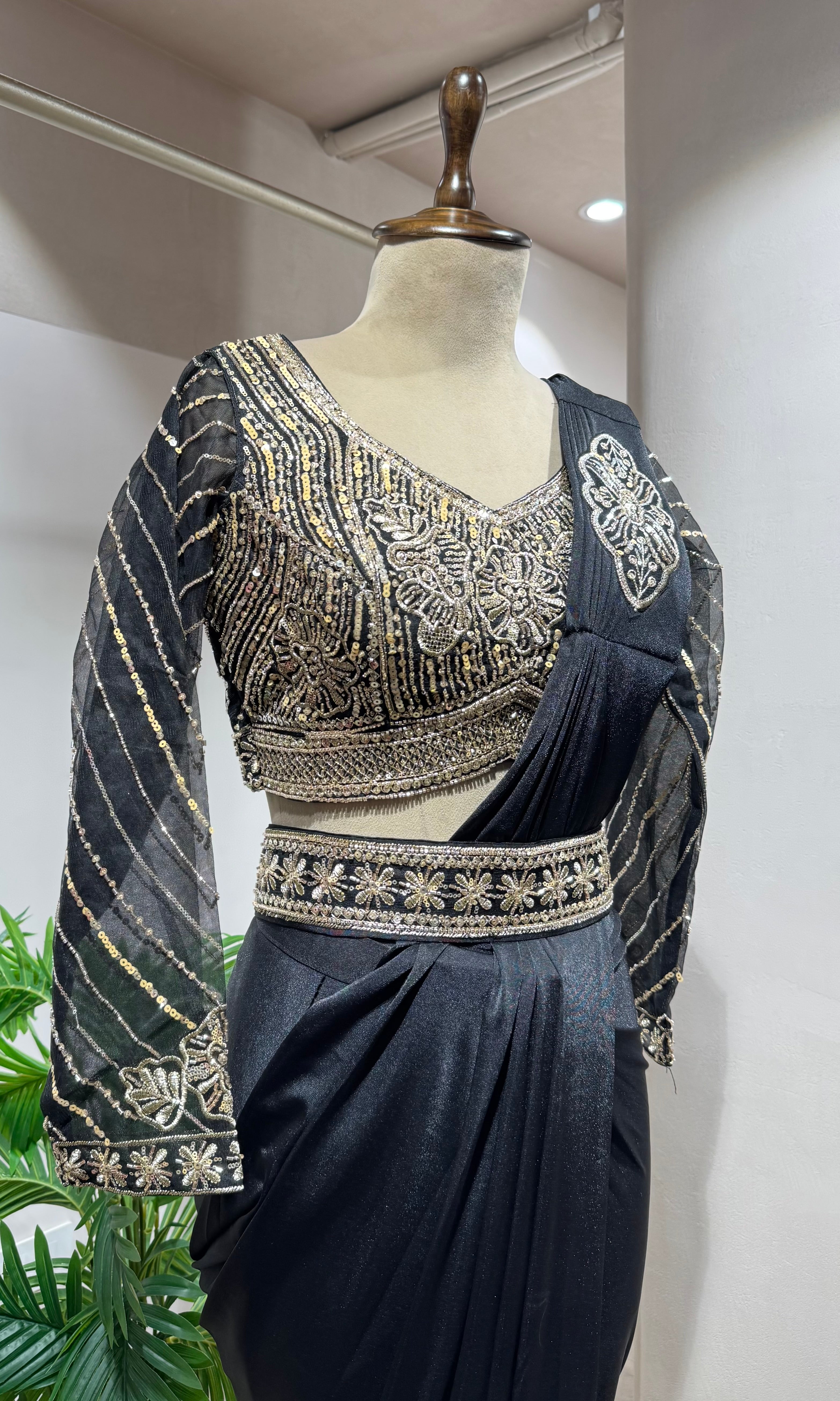 BLACK DRAPE SAREE WITH BLOUSE & BELT