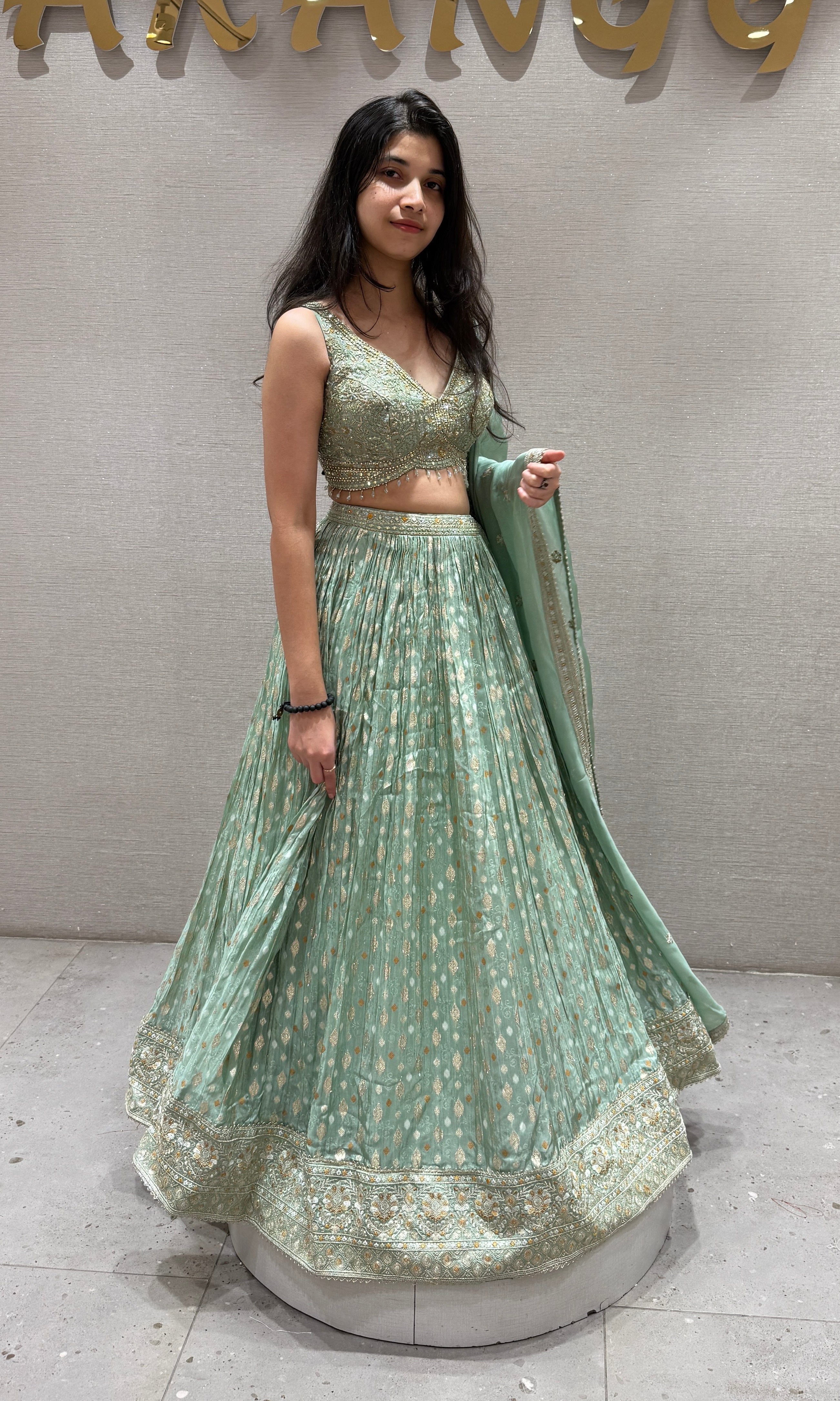 Pista Green Gold Woven Lehenga Ensemble