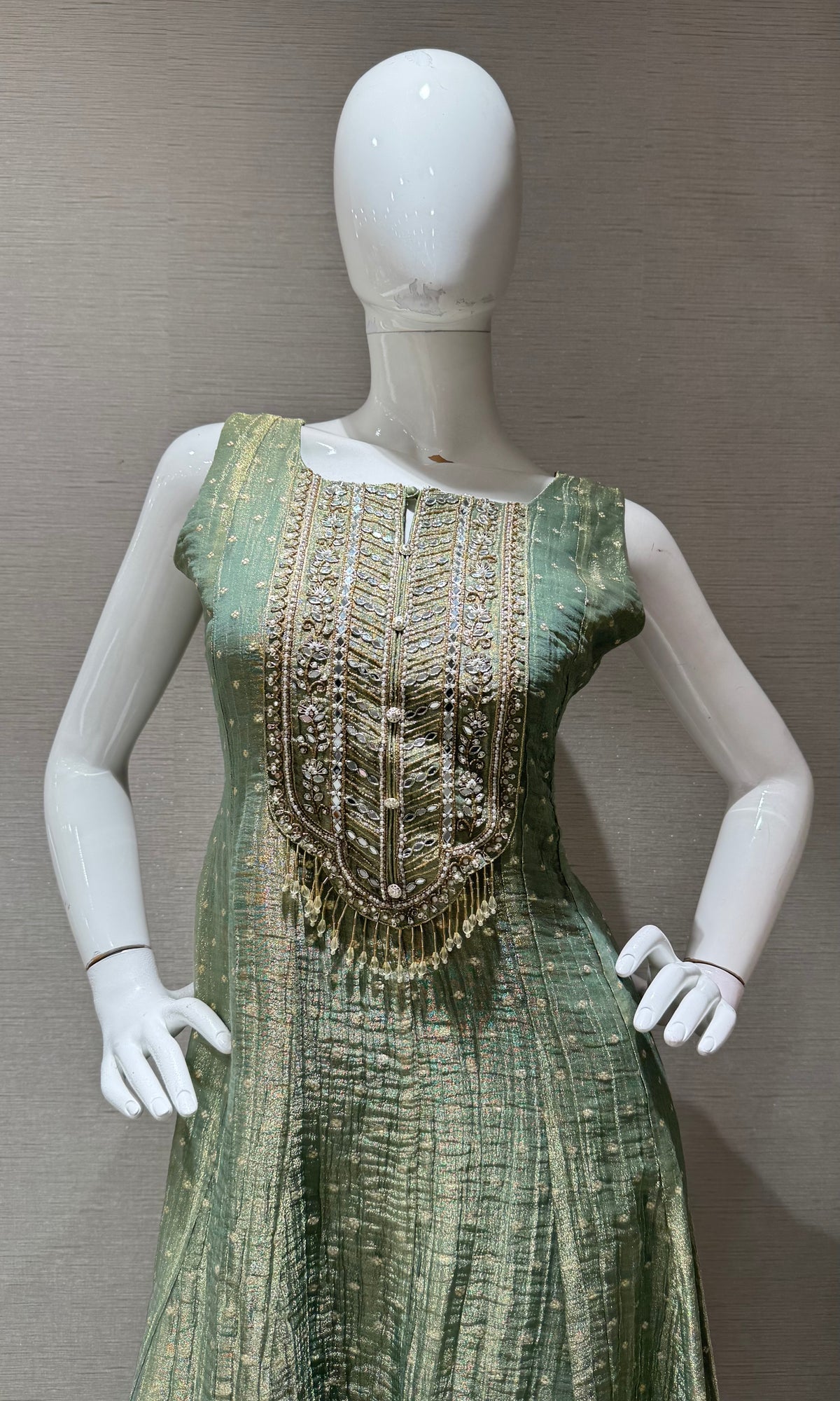 Sage Green Embroidered Tissue Silk Anarkali Set