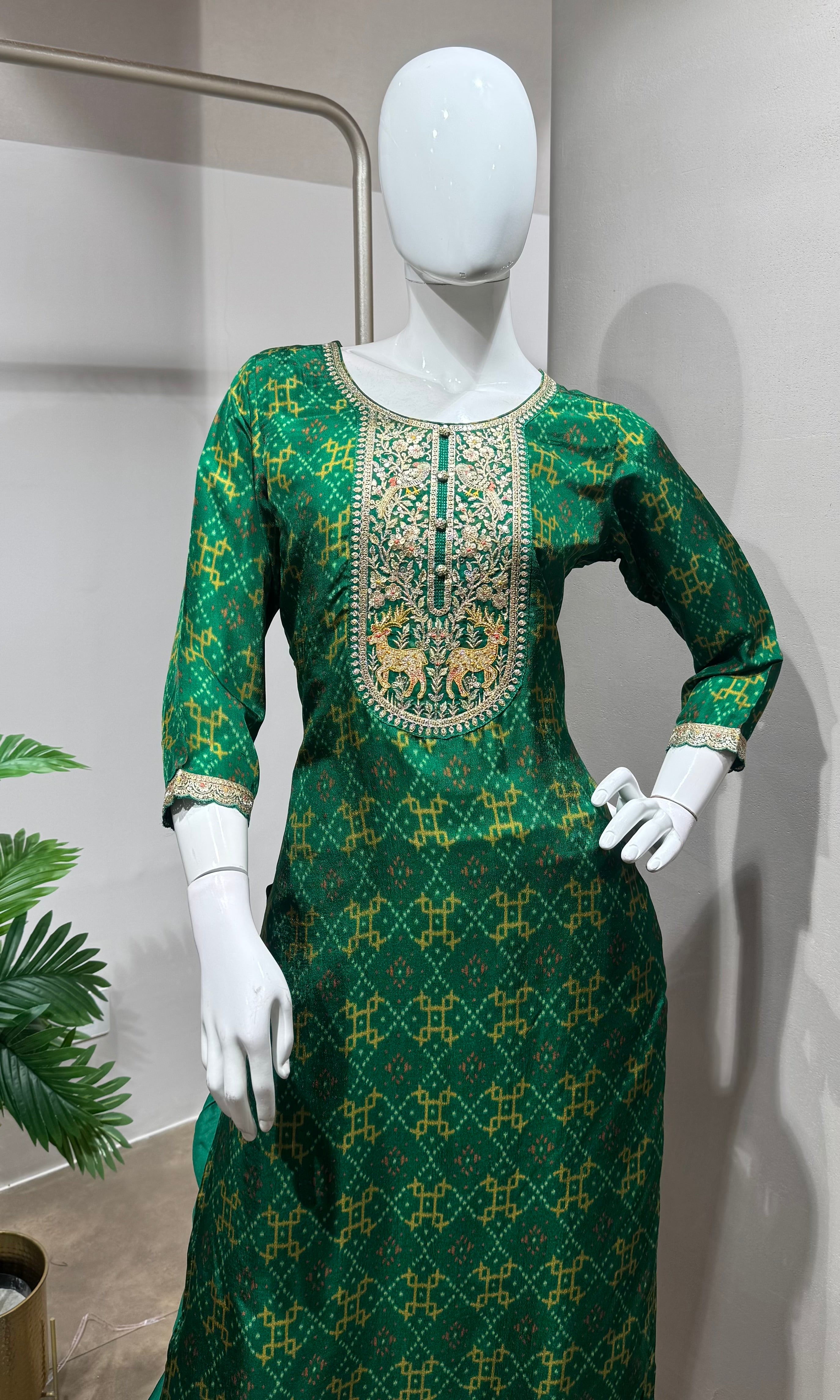 Green embroidered kurta set with dupatta
