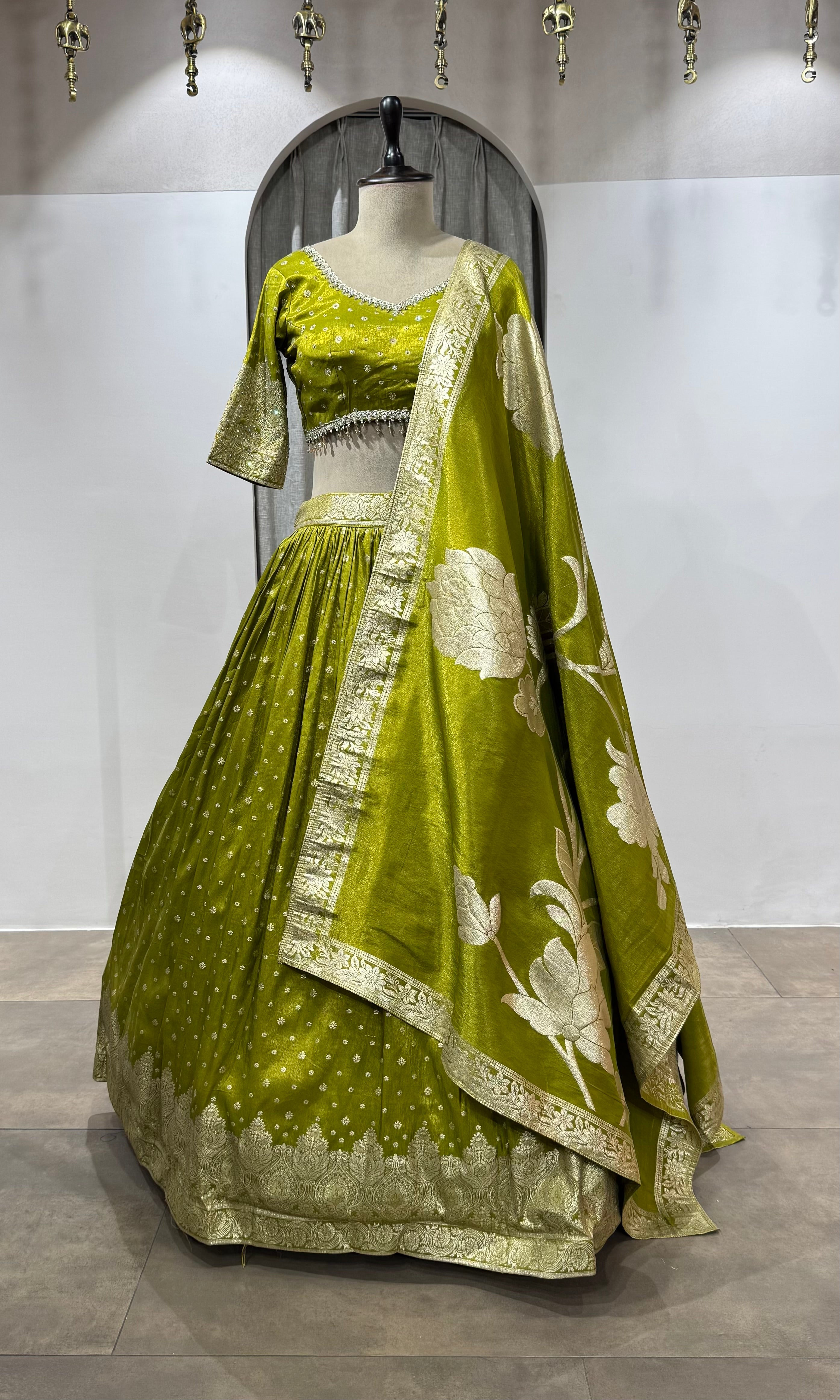 Mehendi Green Banarasi Silk Lehenga
