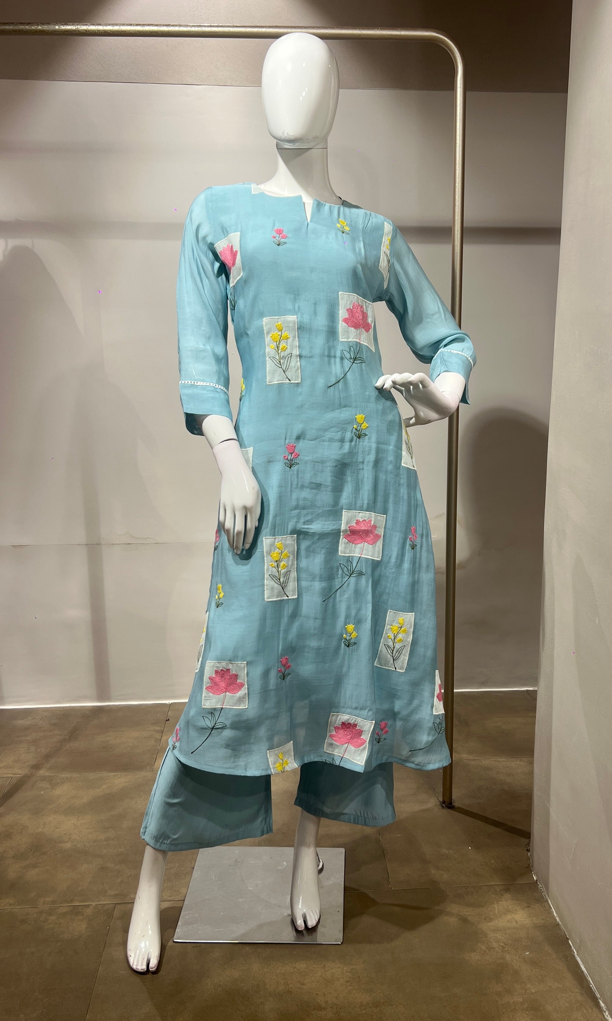 Sea Blue Patchwork Embroidered Kurta Set with Dupatta