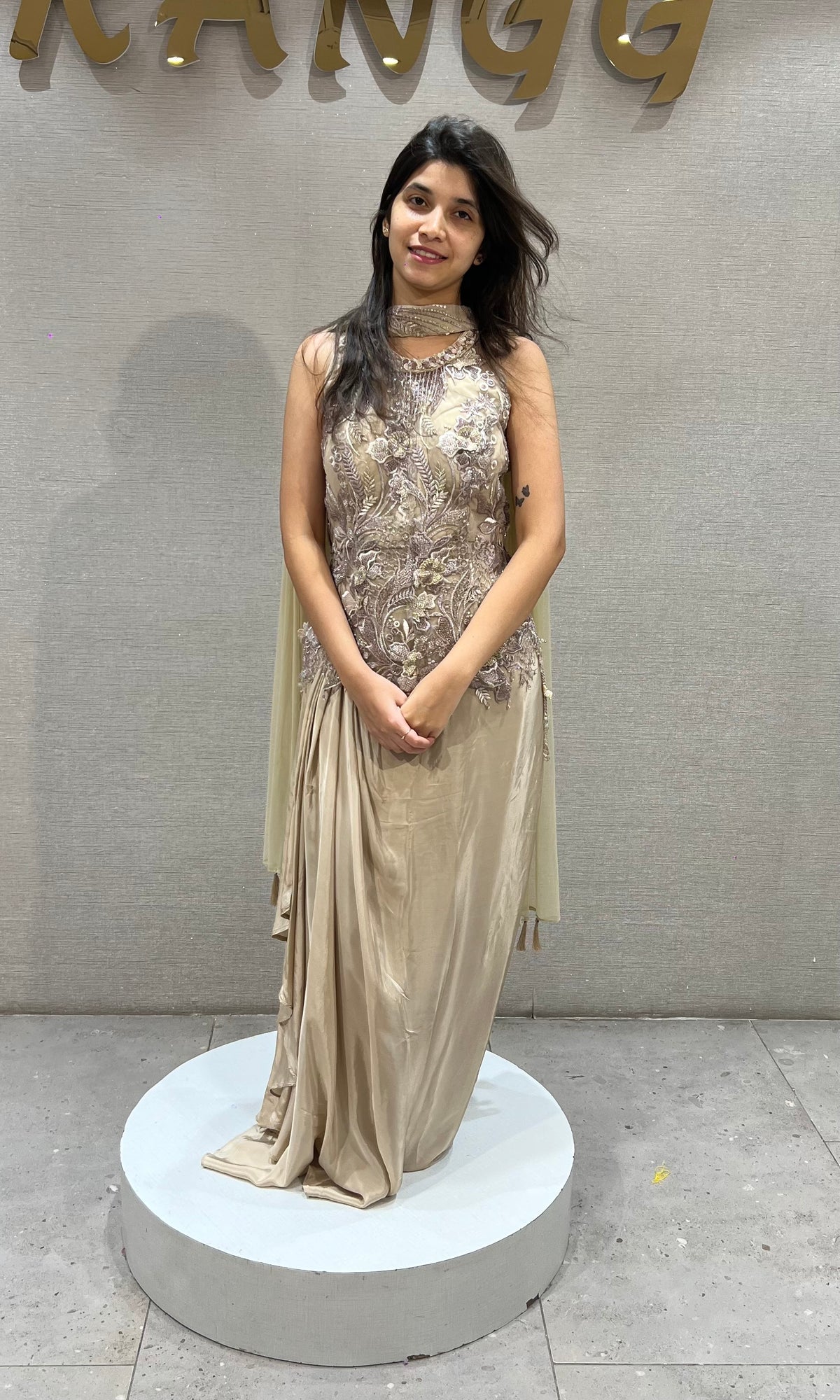 Fawn silk satin Gold Corset Draped Skirt