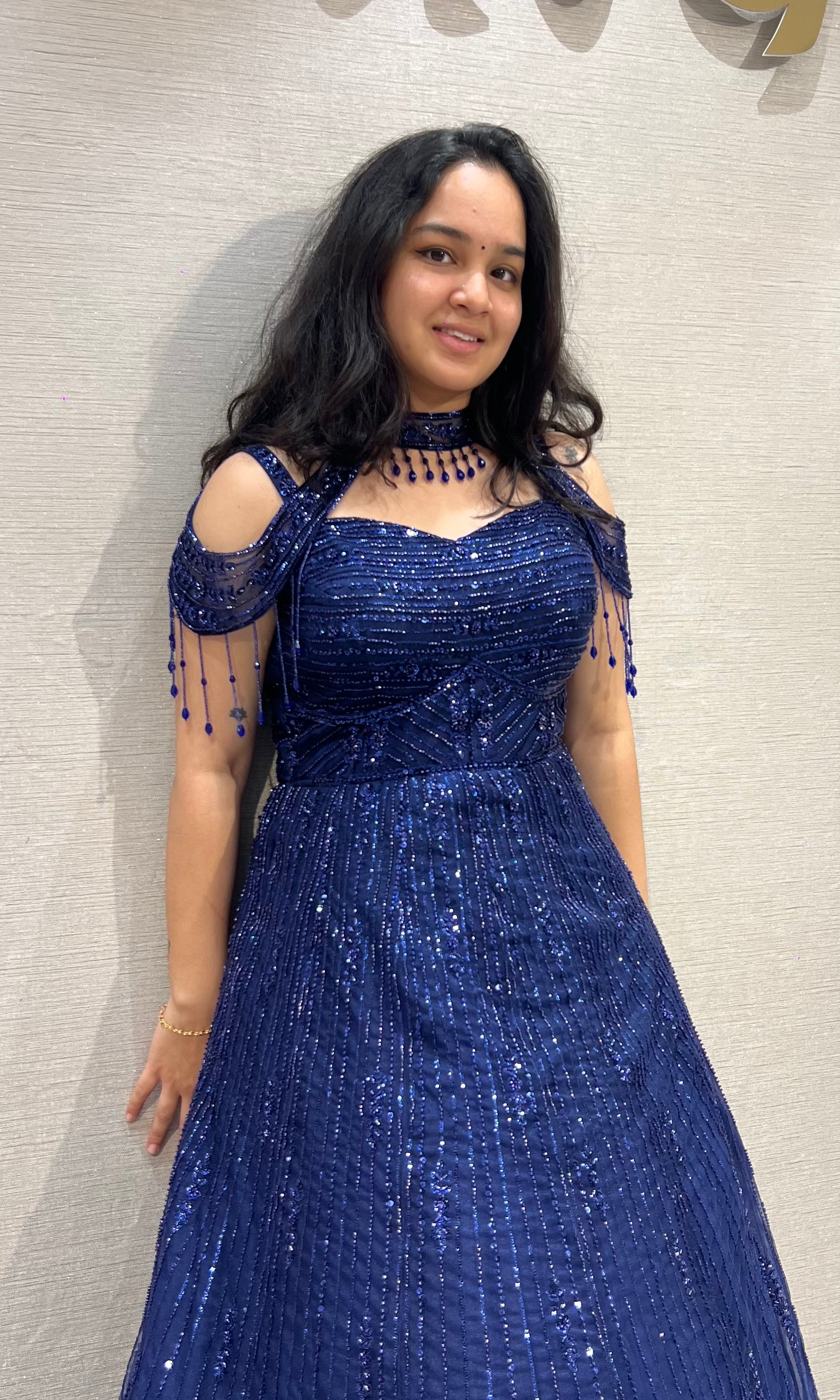 Royal Blue Halter Neck Ballgown with Sheer Cap Sleeves