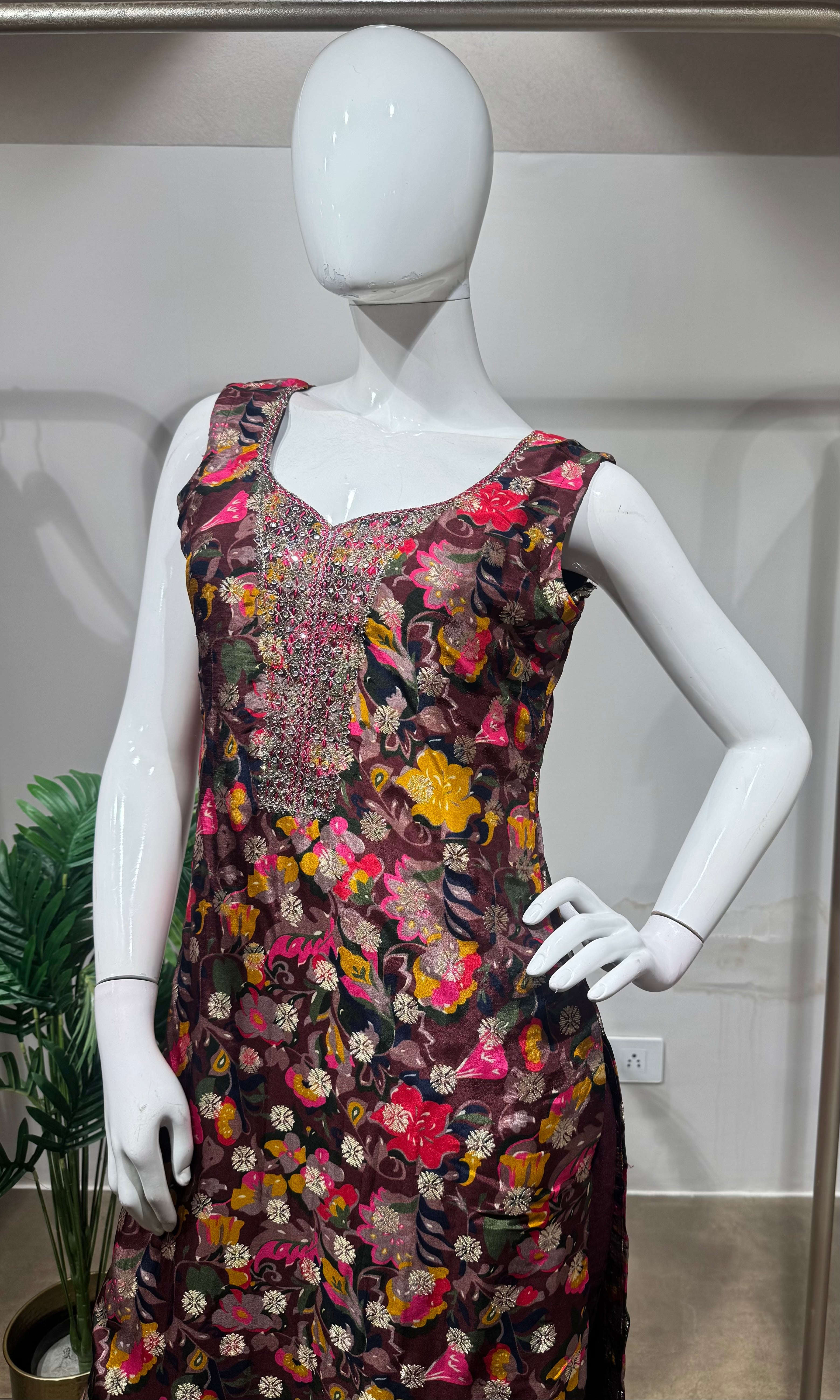 Wine multi floral printed kurta set