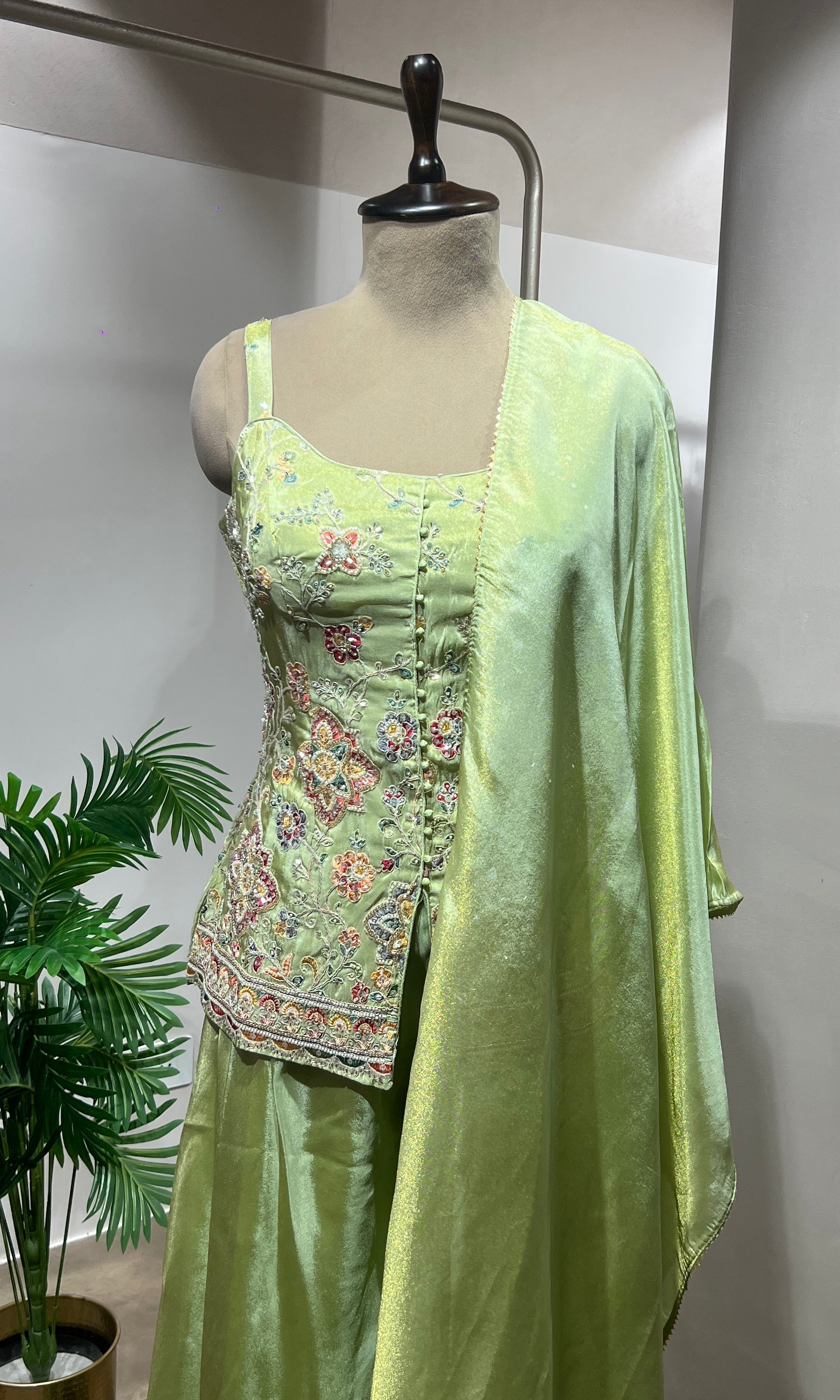 Green Embroidered Peplum & Palazzo suit