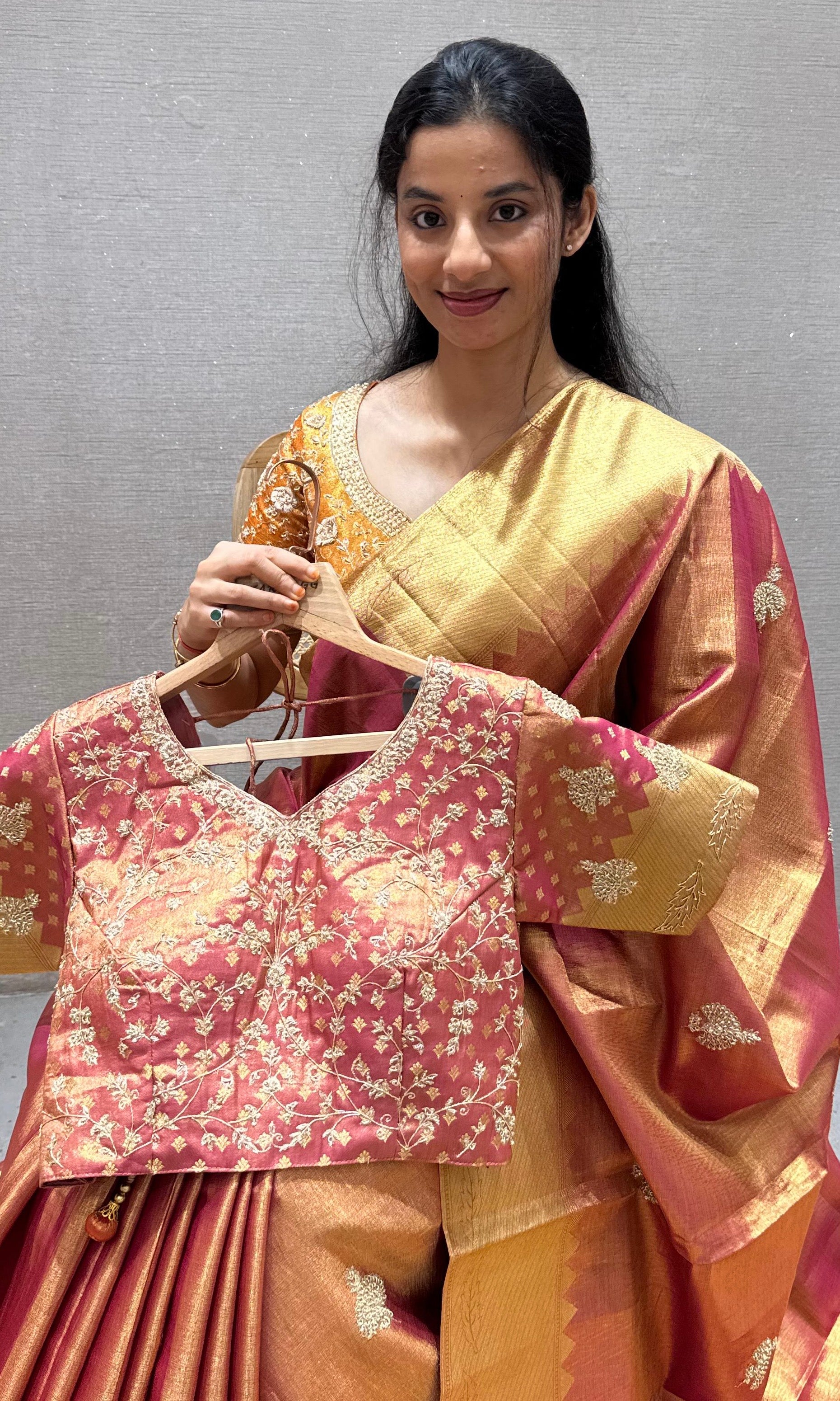 Rust orange saree with ready blouse