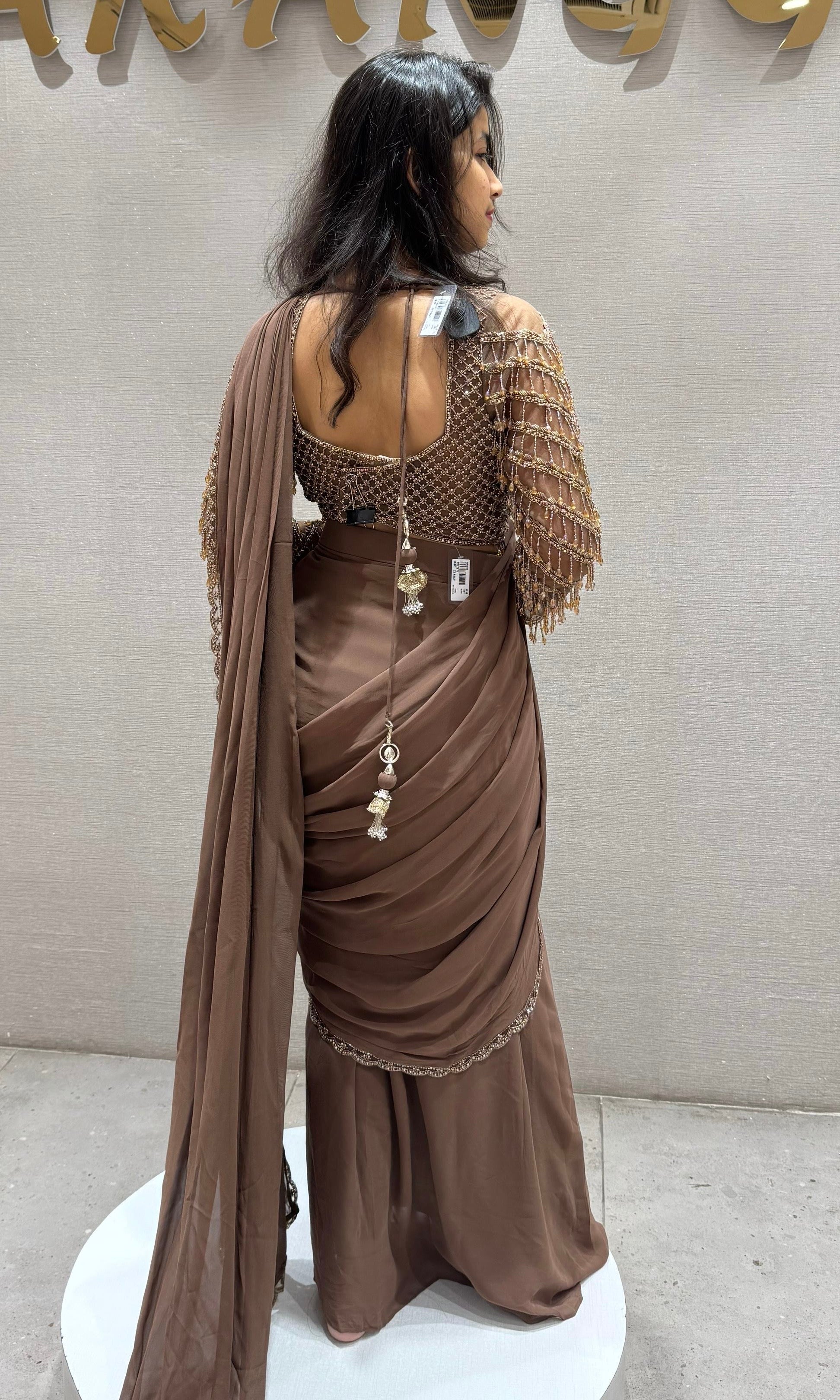 Brown Drape Saree with Beaded Blouse