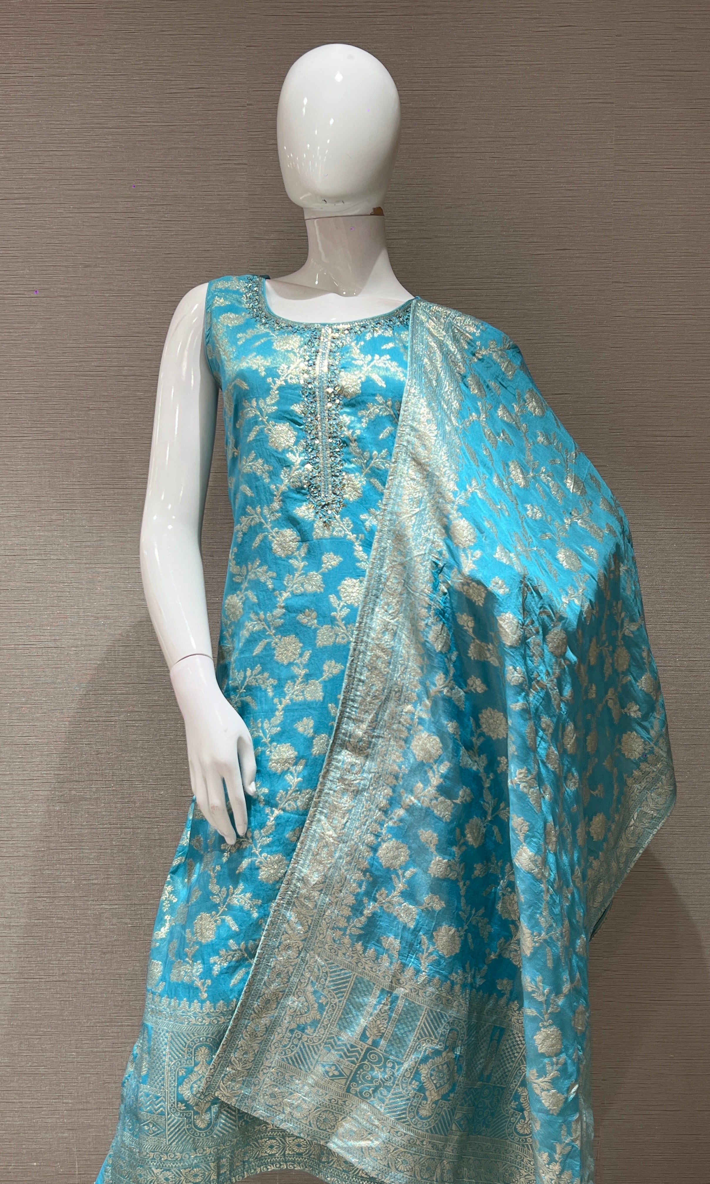 Sea blue golden embroidered kurta set