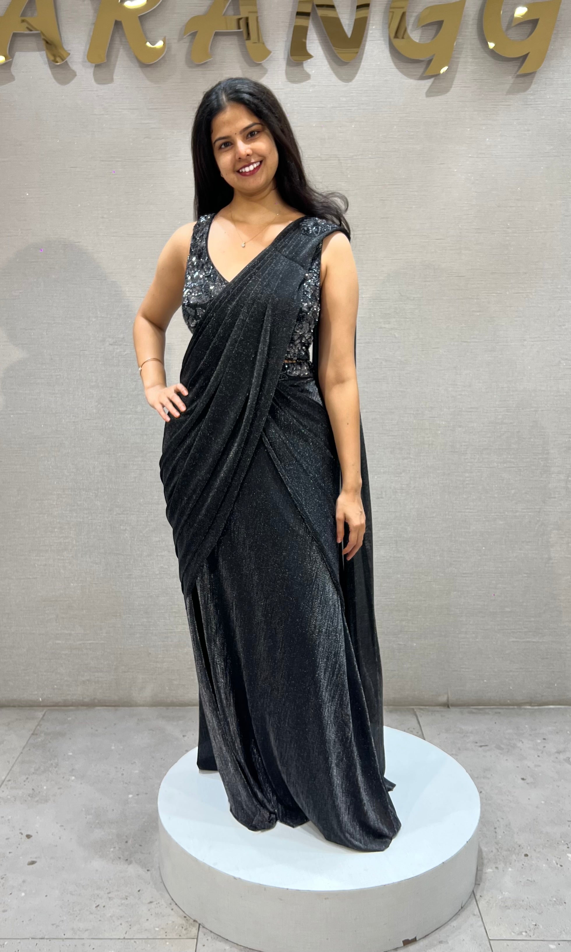 Black Shimmer Georgette Drape Saree with Velvet Blouse
