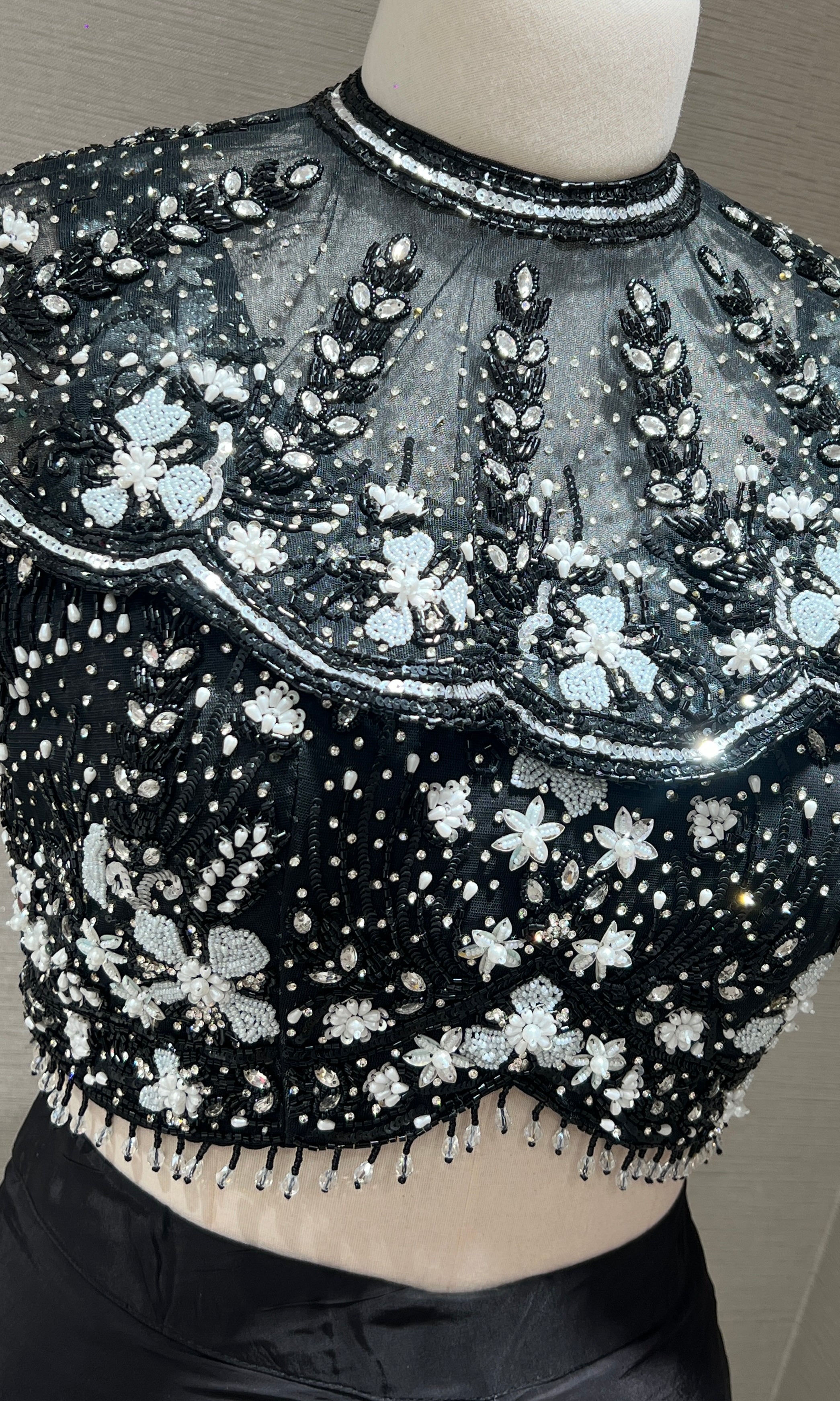 Black Crystal Sequin BLOUSE with Ruffle Drape Skirt