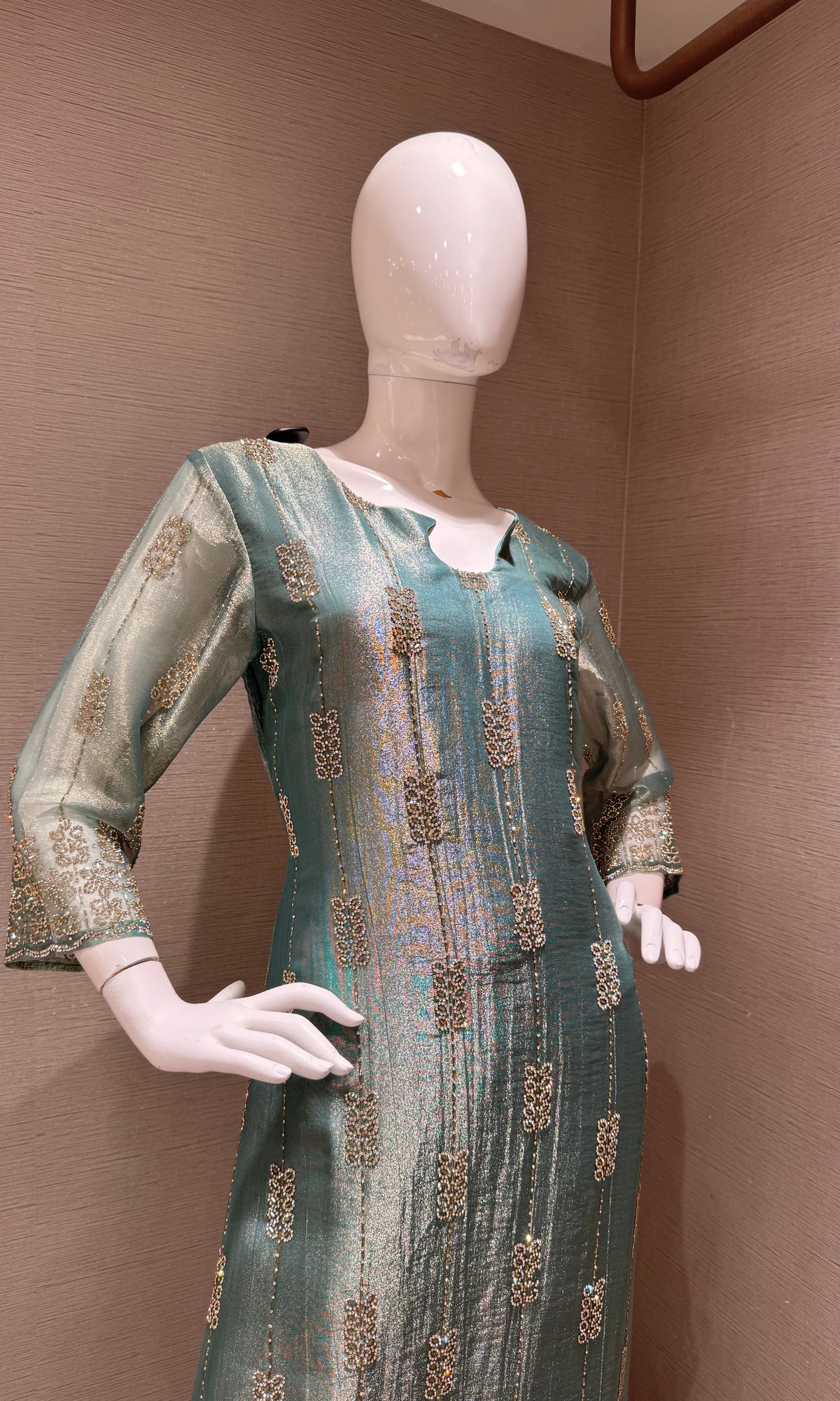 sage green tissue silk embroidered kurta set