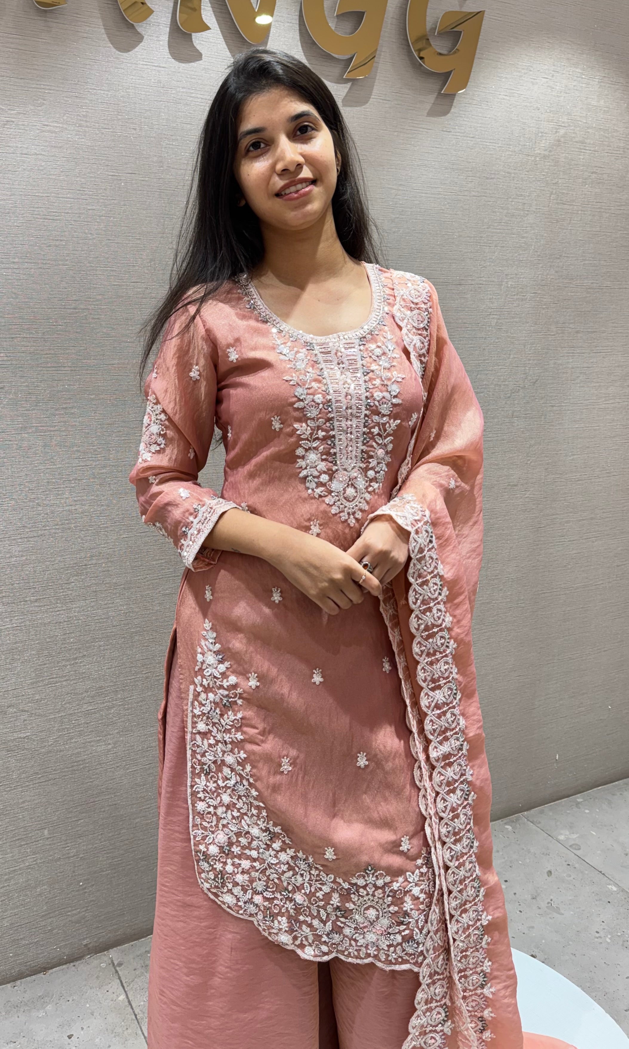 Peach Embroidered Organza SHARARA SUIT