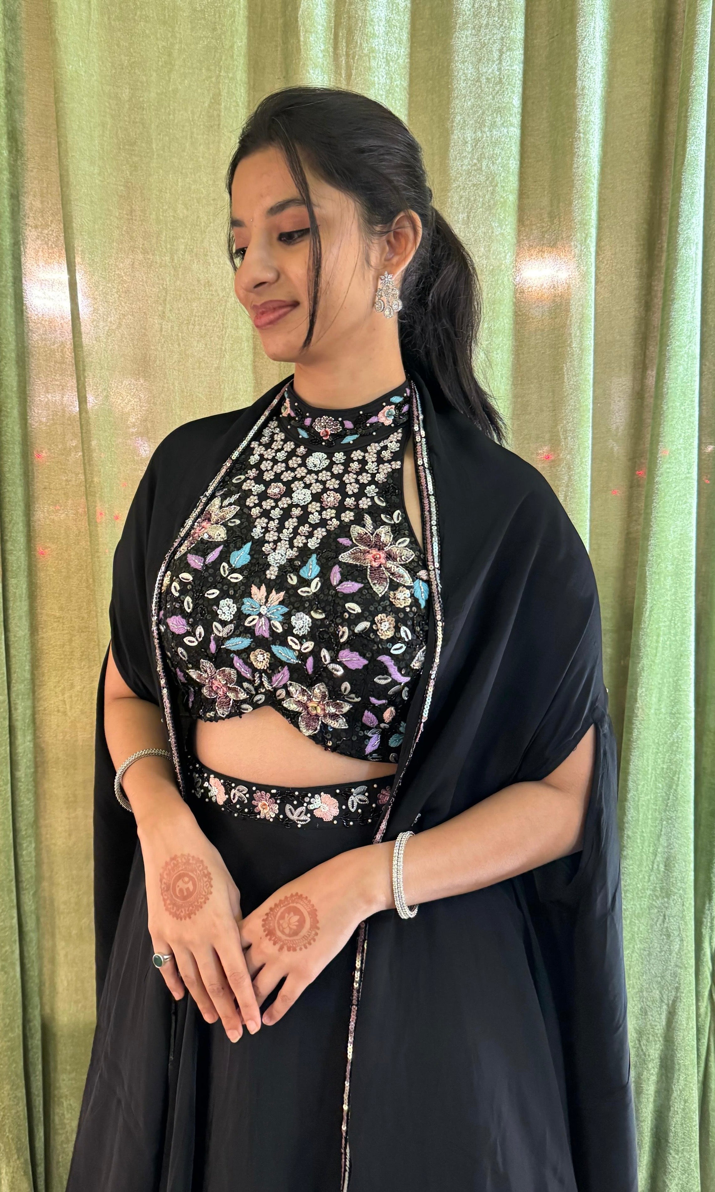 Black Embellished Halter NECK Lehenga WITH CAPE