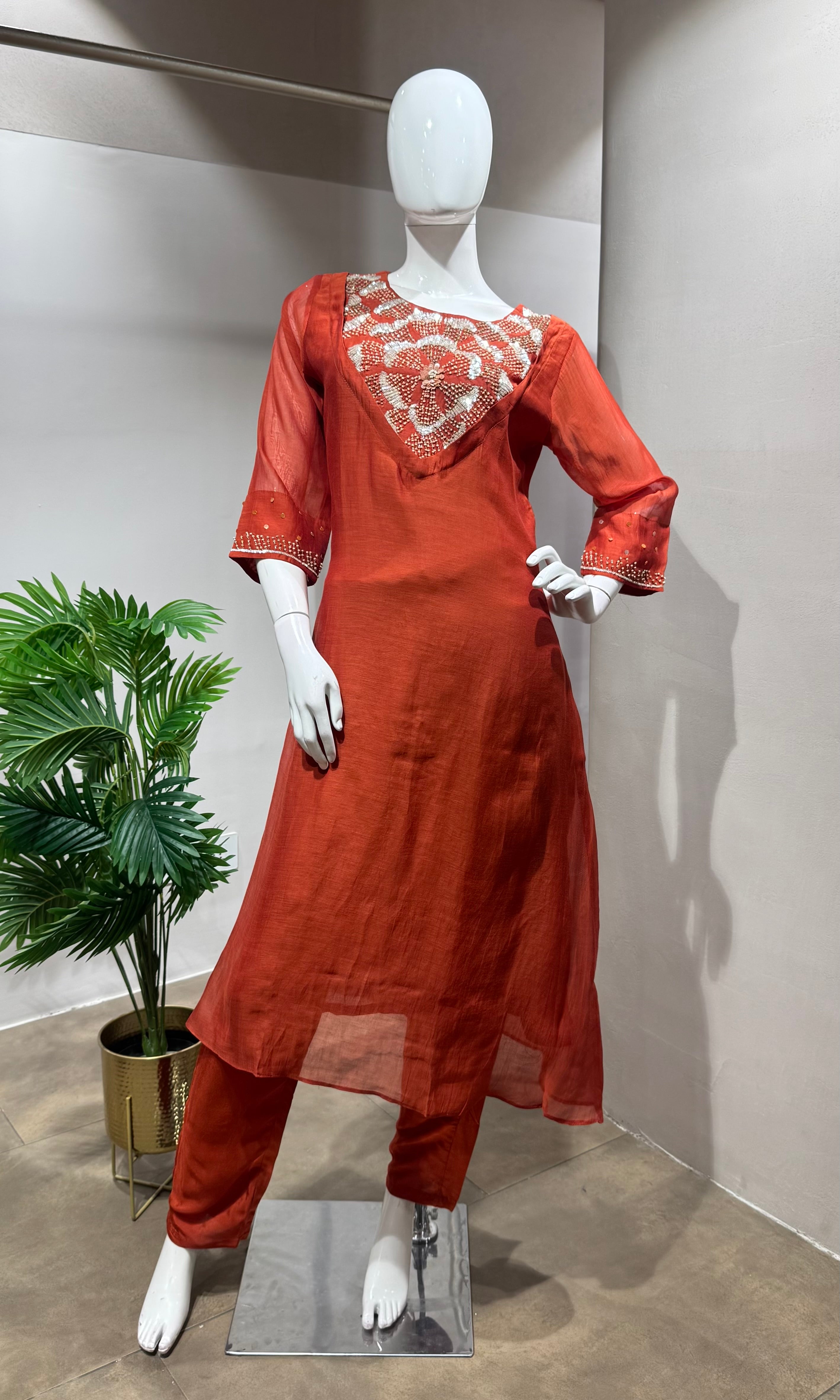 Rust Orange Mul Chanderi Kurta Set