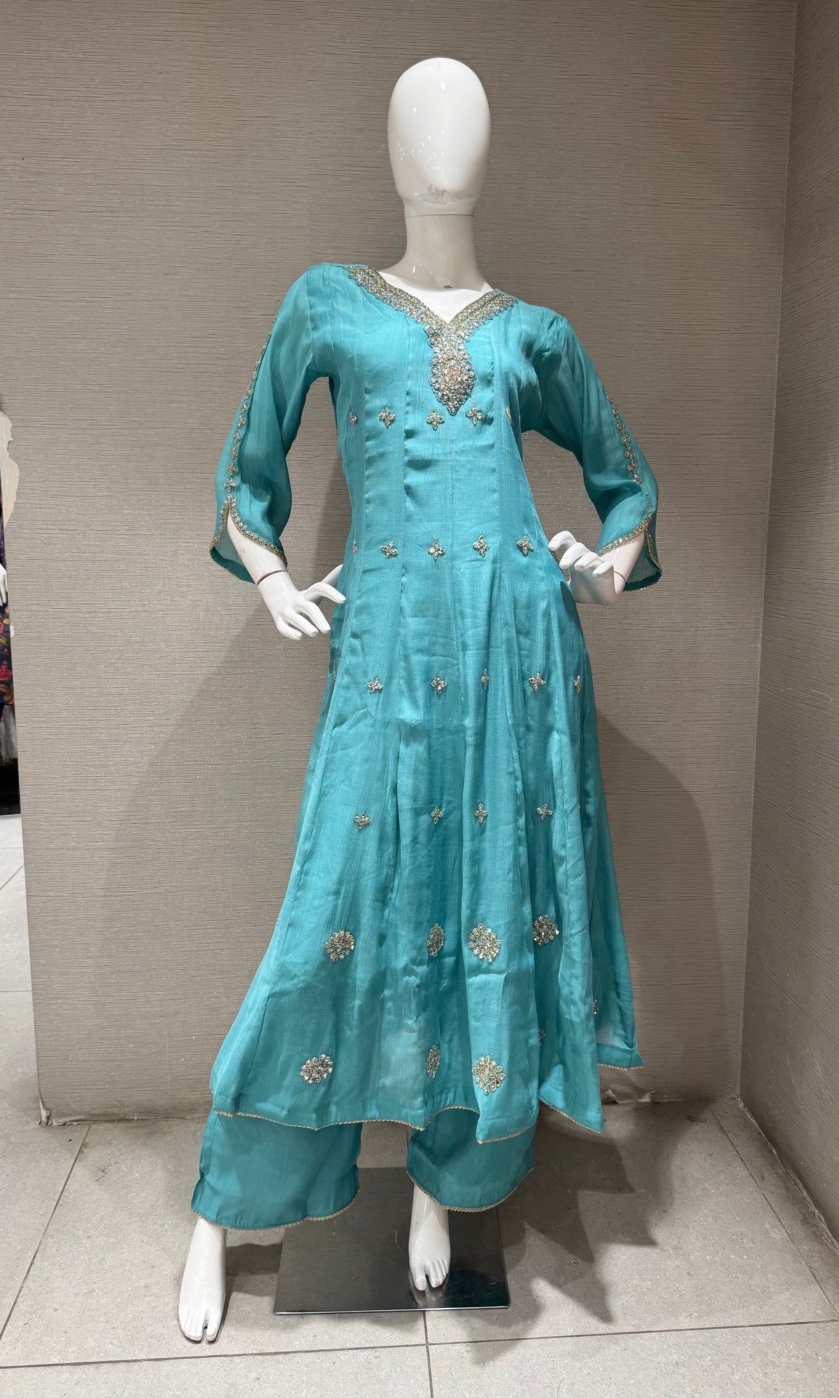 Sea Blue silk Ethnic Anarkali Set with Dupatta