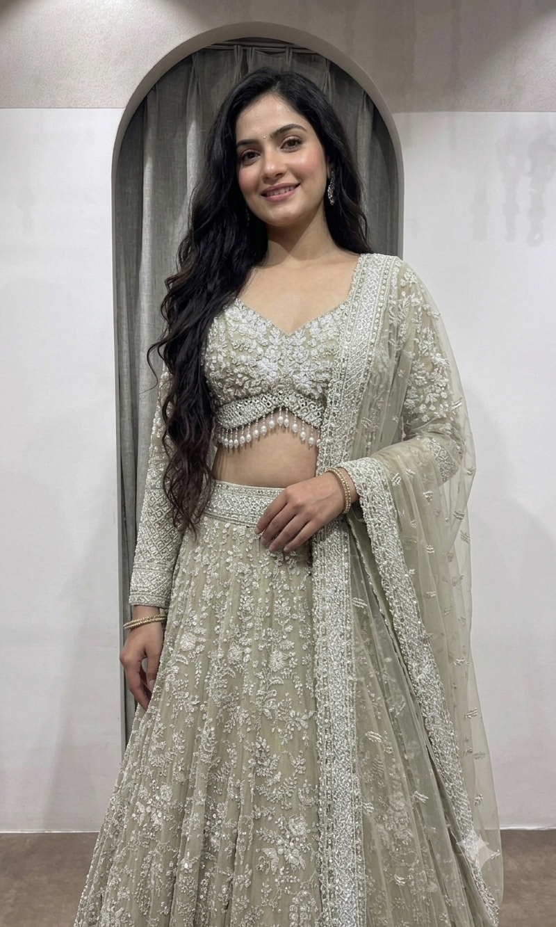 Sage Green Heavily Embroidered Net Bridal Lehenga
