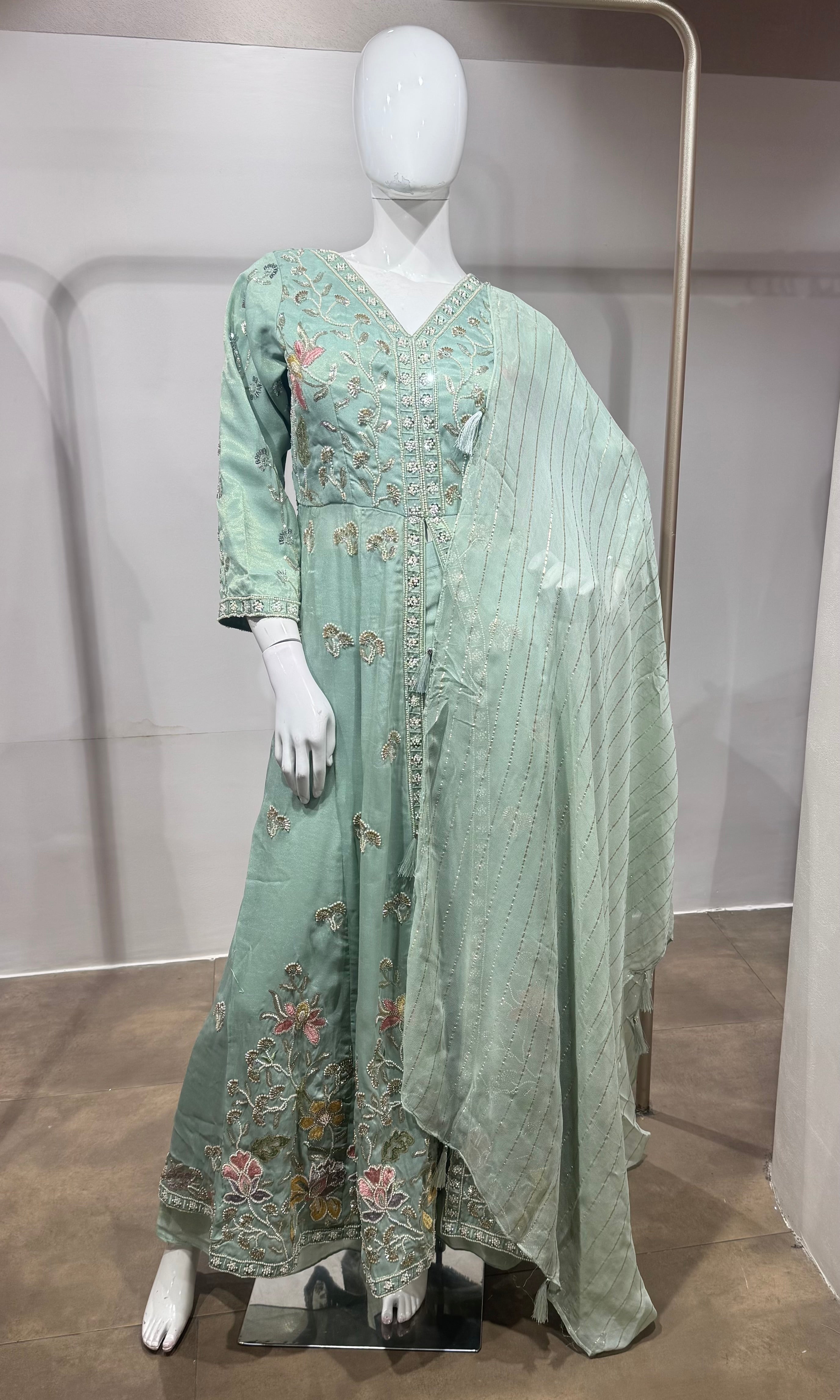 Mint Green Floral Embroidered Anarkali Front slit Set