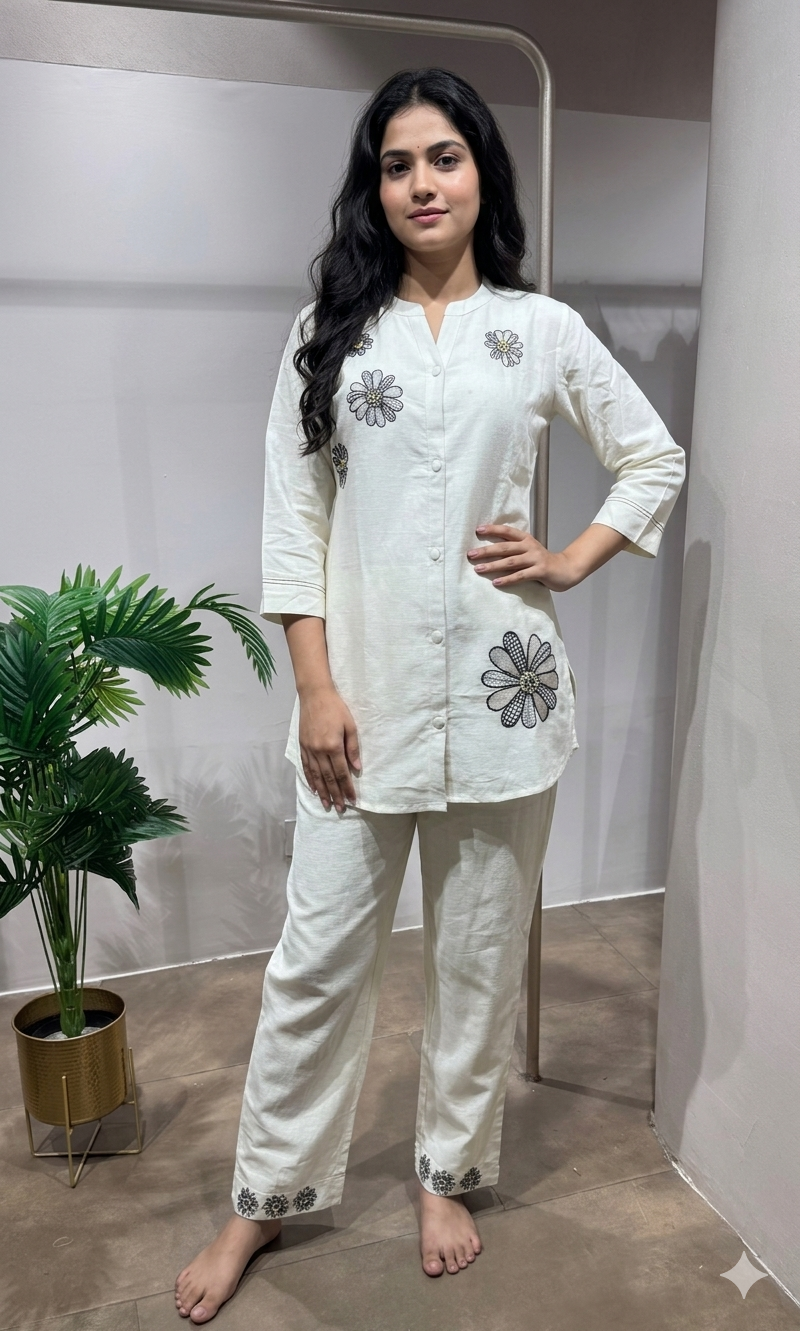 Cream Floral Embroidered Cord Set