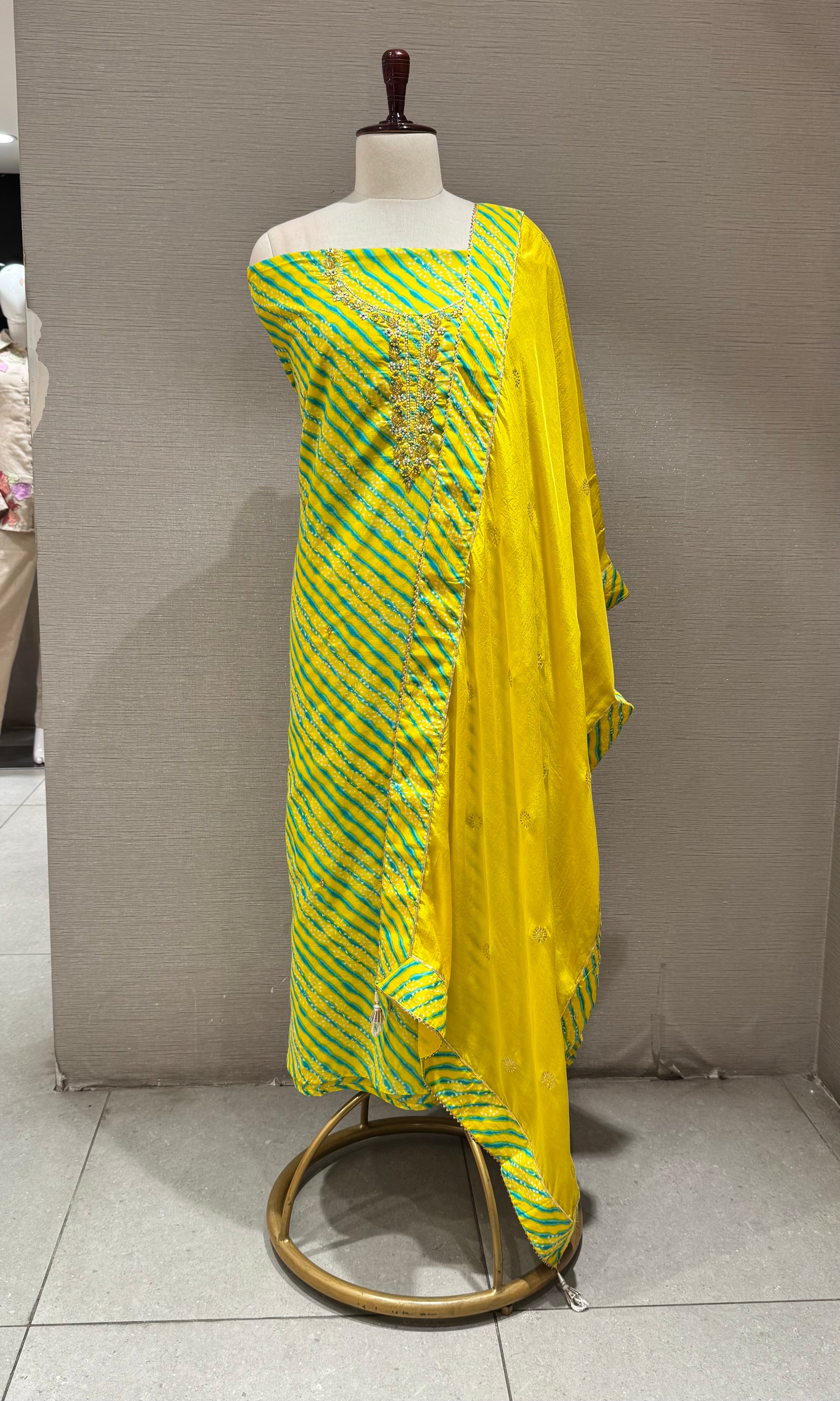 Yellow Leheriya Print Dress Material