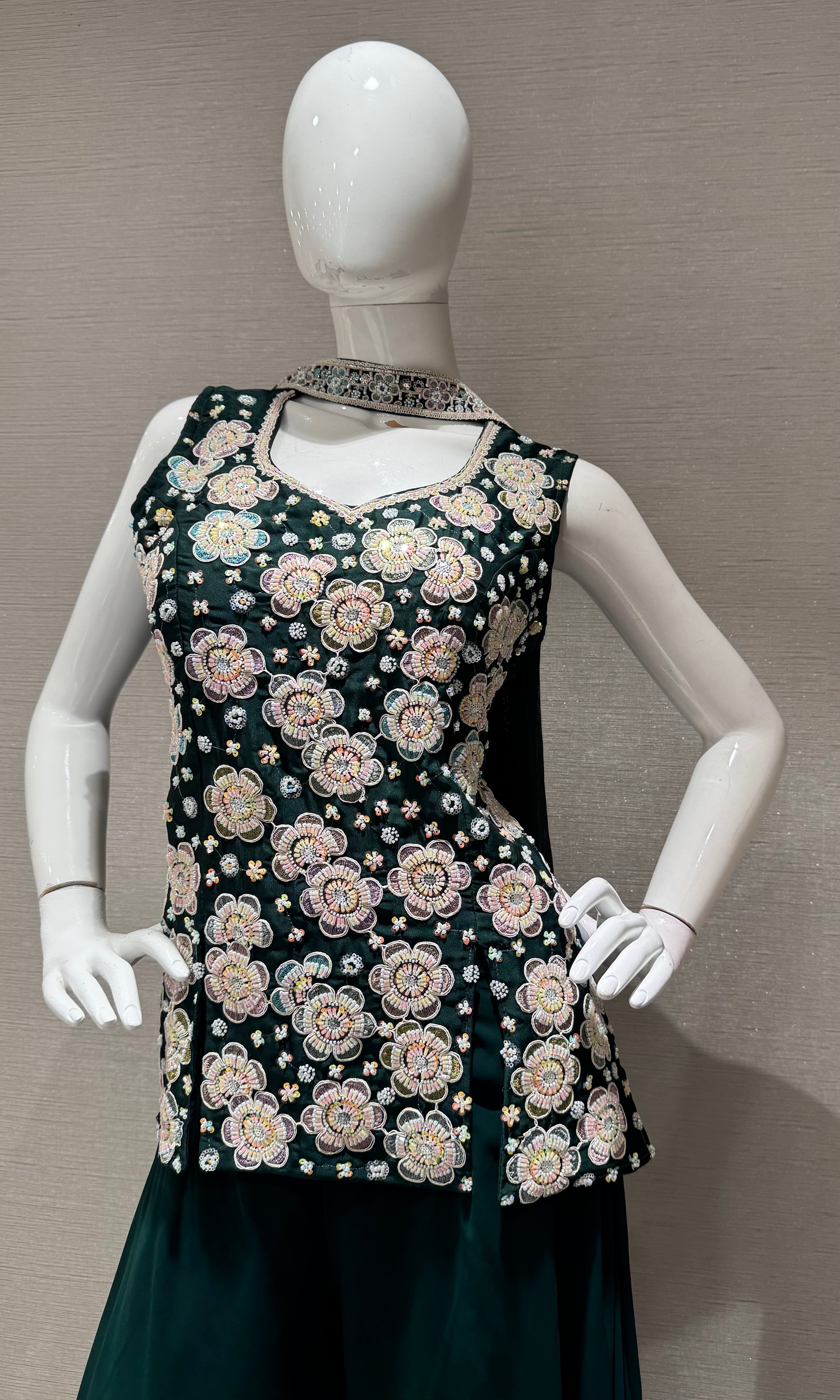 Bottel Green Floral Embroidered Palazzo Set