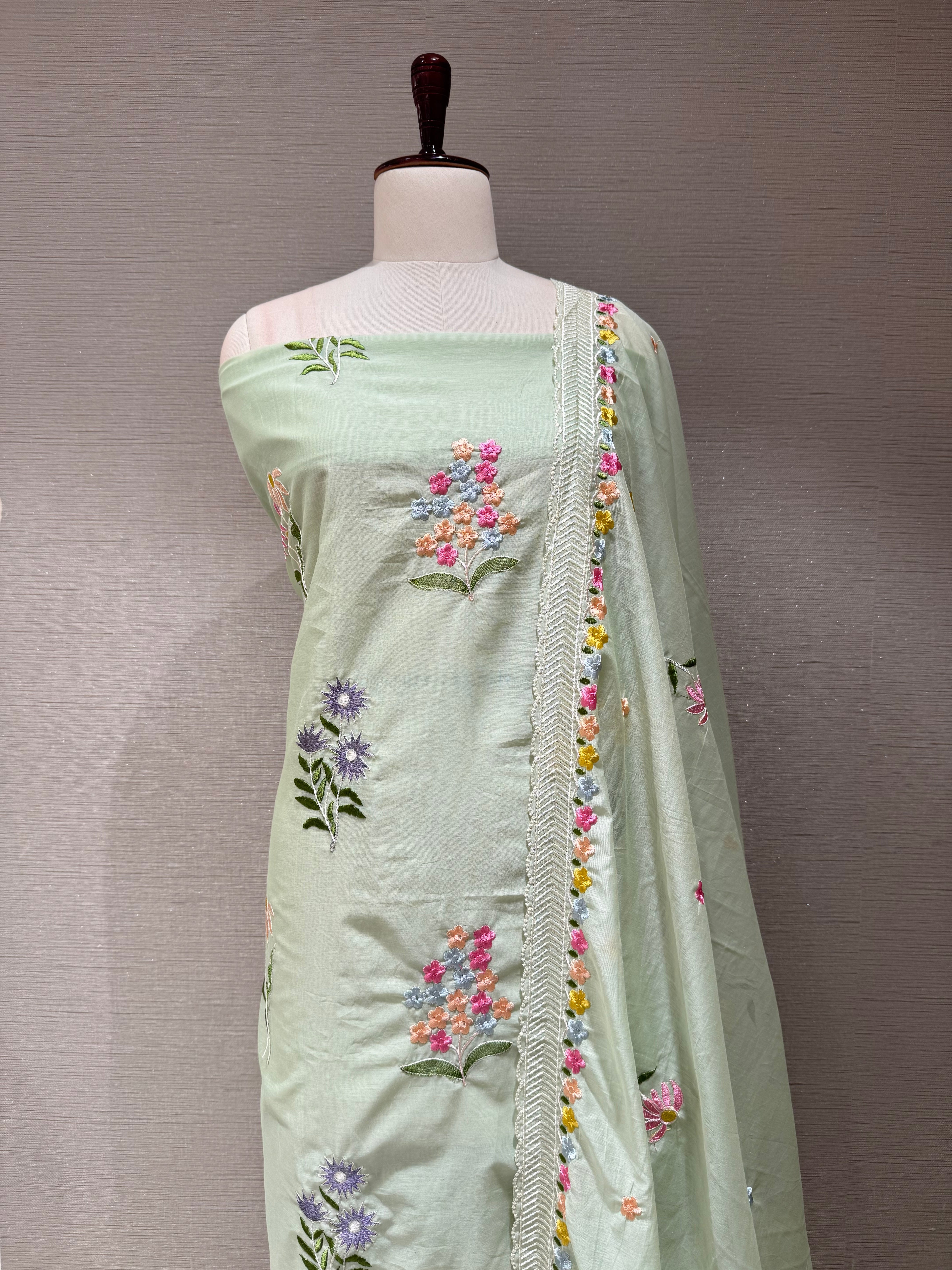 Pastel Light Green Floral Embroidery Dress material