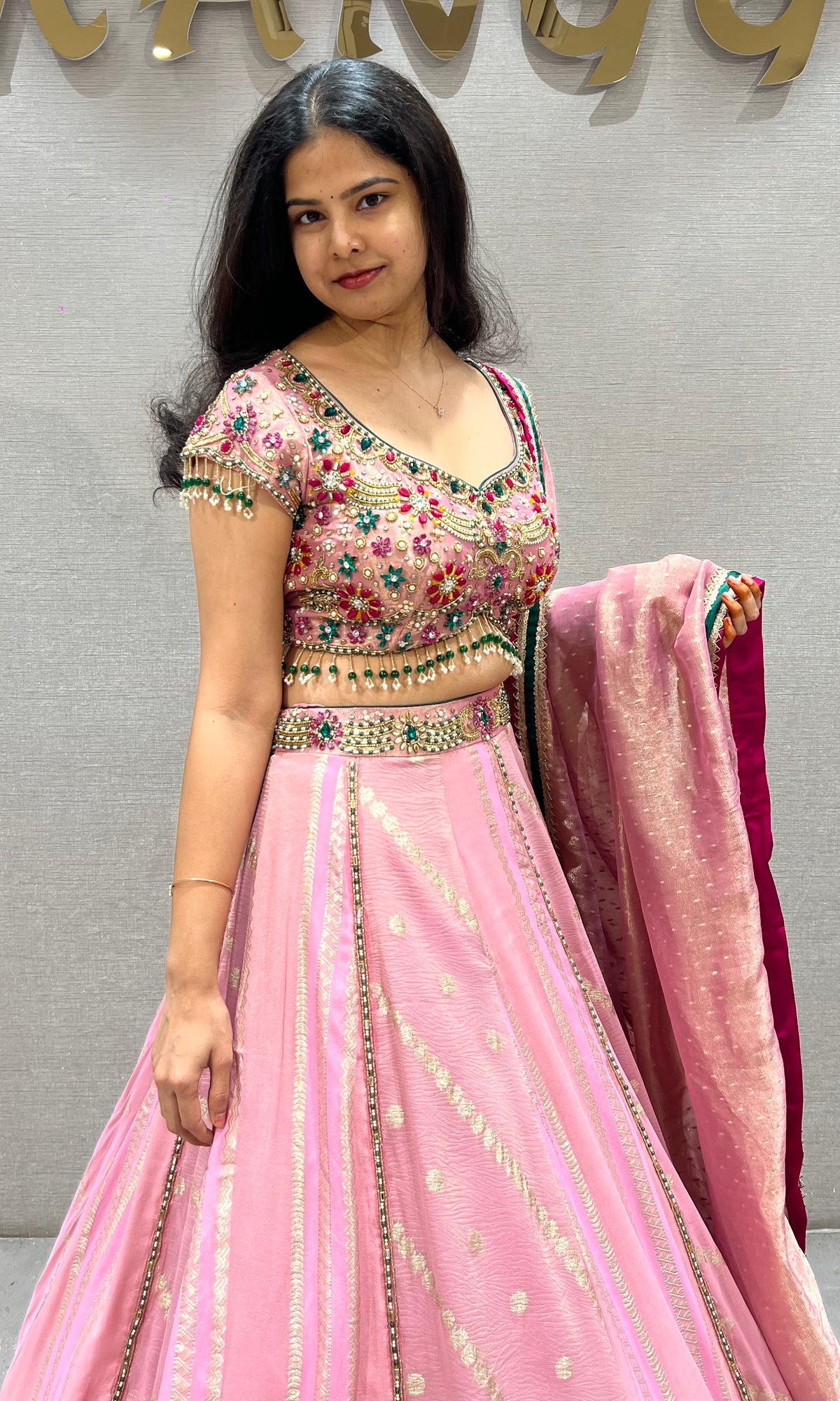 Pastel Pink Flared Lehenga Set with Heavily Embellished Blouse & dupatta
