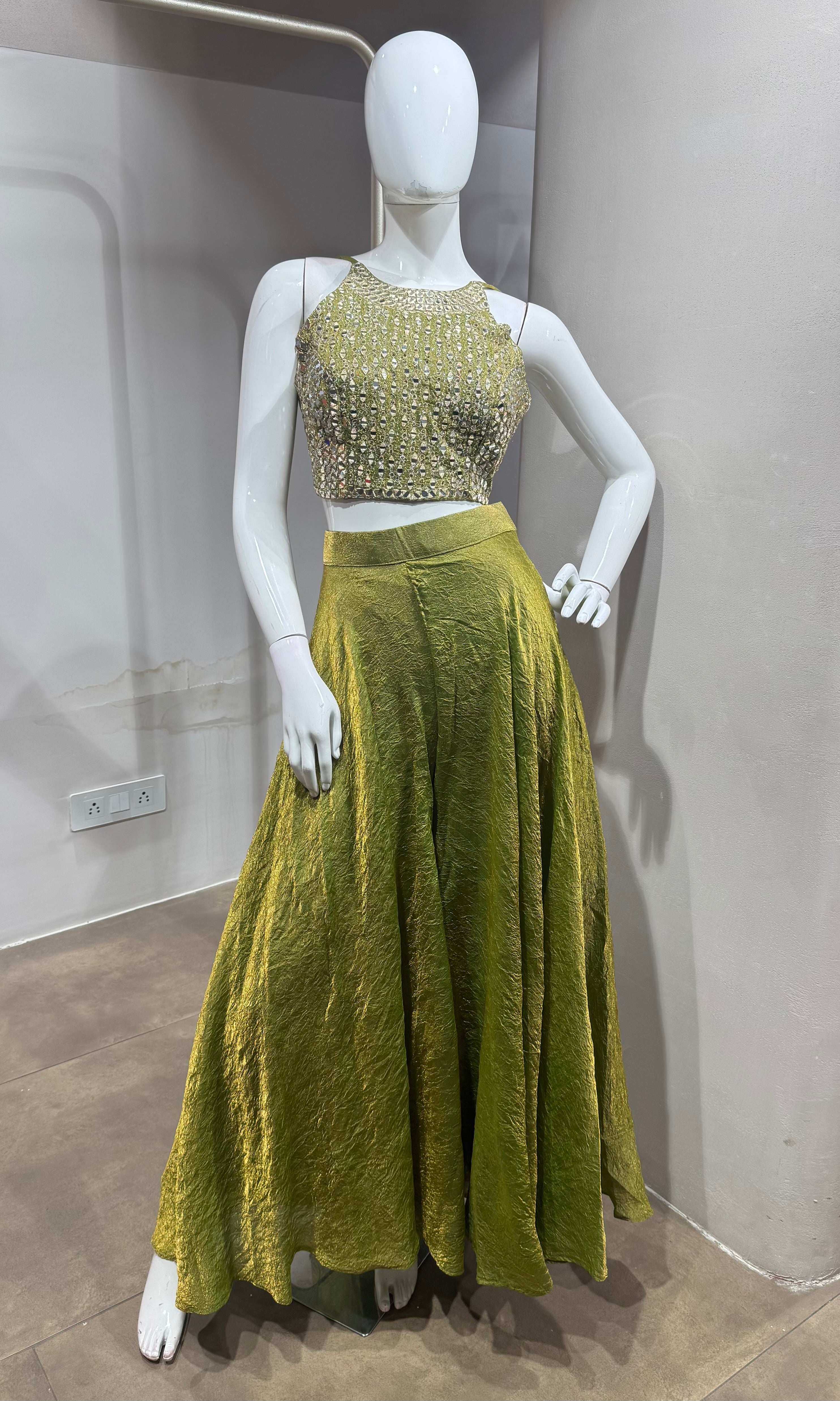 green embellished halter-neck palazzo set