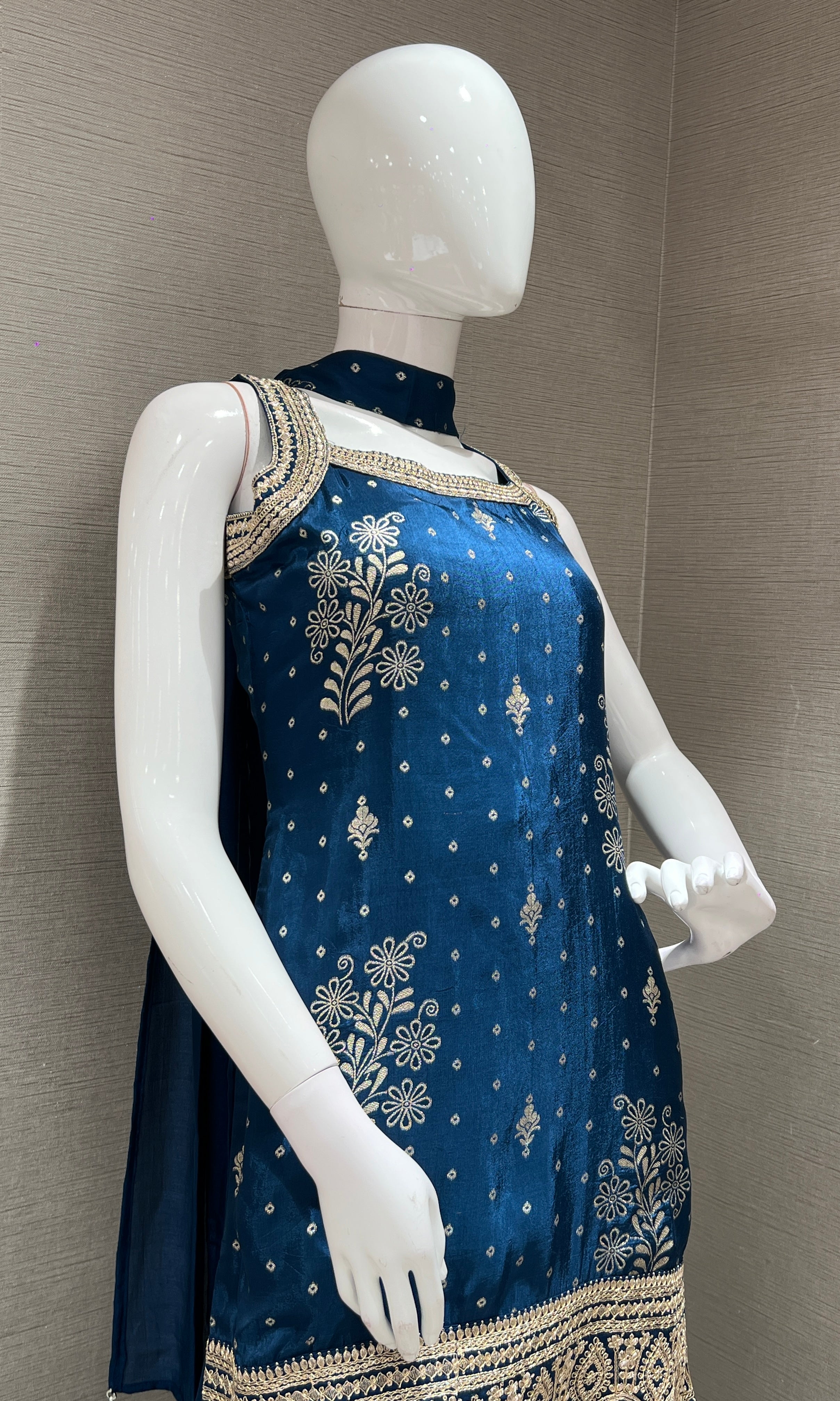 BLUE GOLD EMBROIDERED SHARARA SET