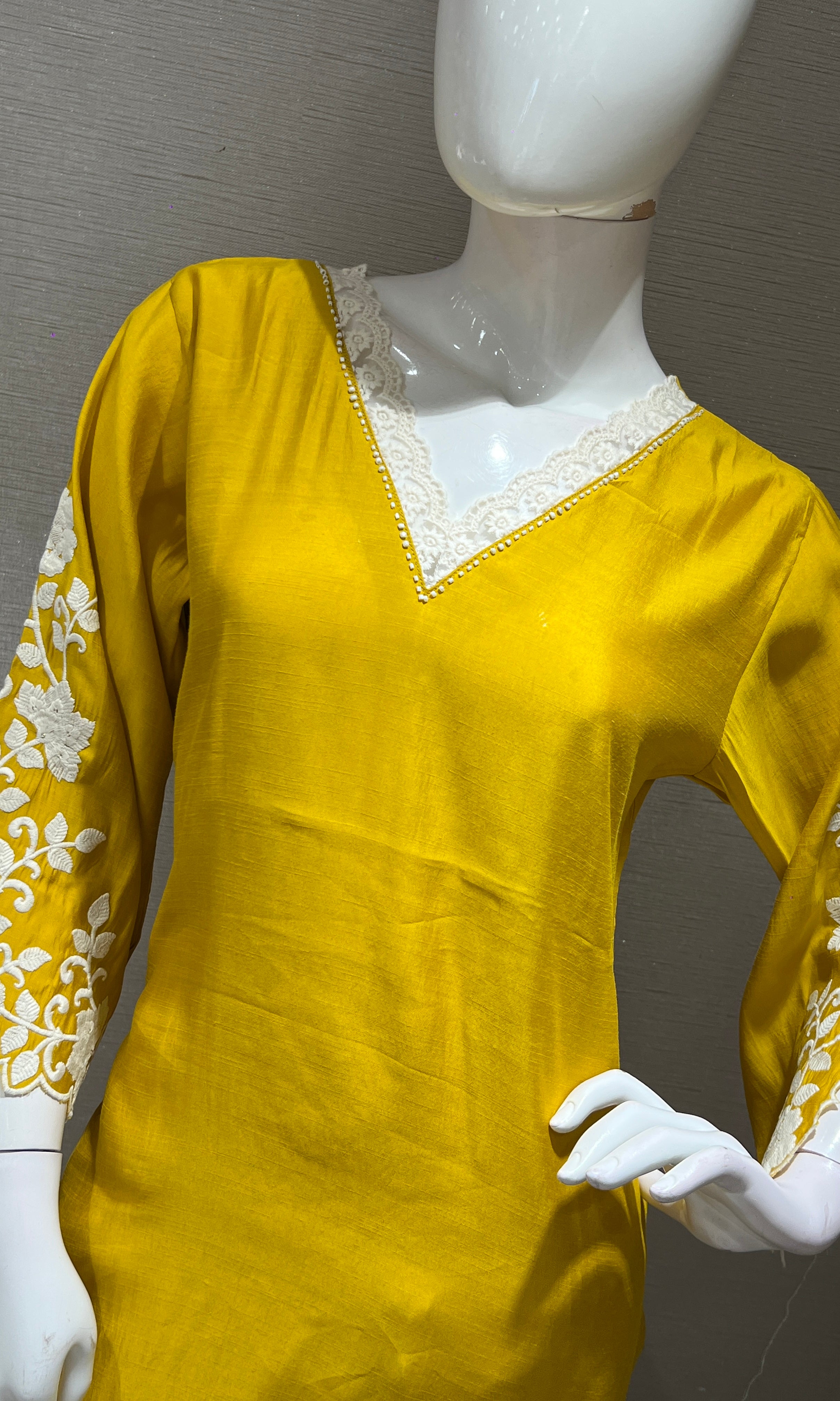 Yellow KURTI TOP WITH FULL FLORAL SLEEVES