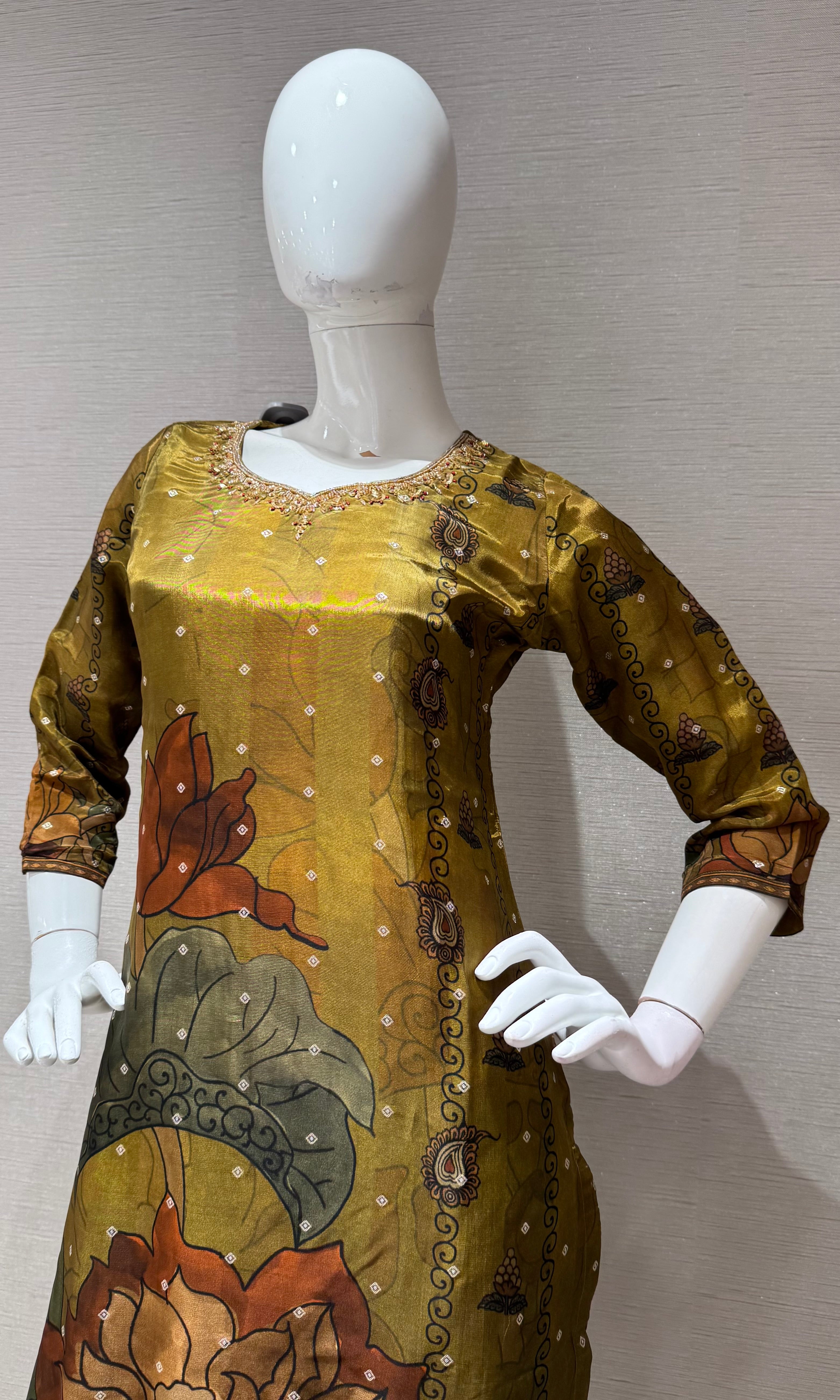 Green Floral Digital Print Silk kurti with bottom