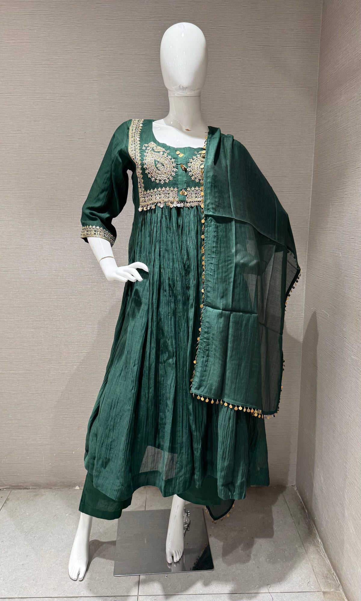 GREEN COTTON ETHNIC A LINE KURTA SET WITH DUPATTA