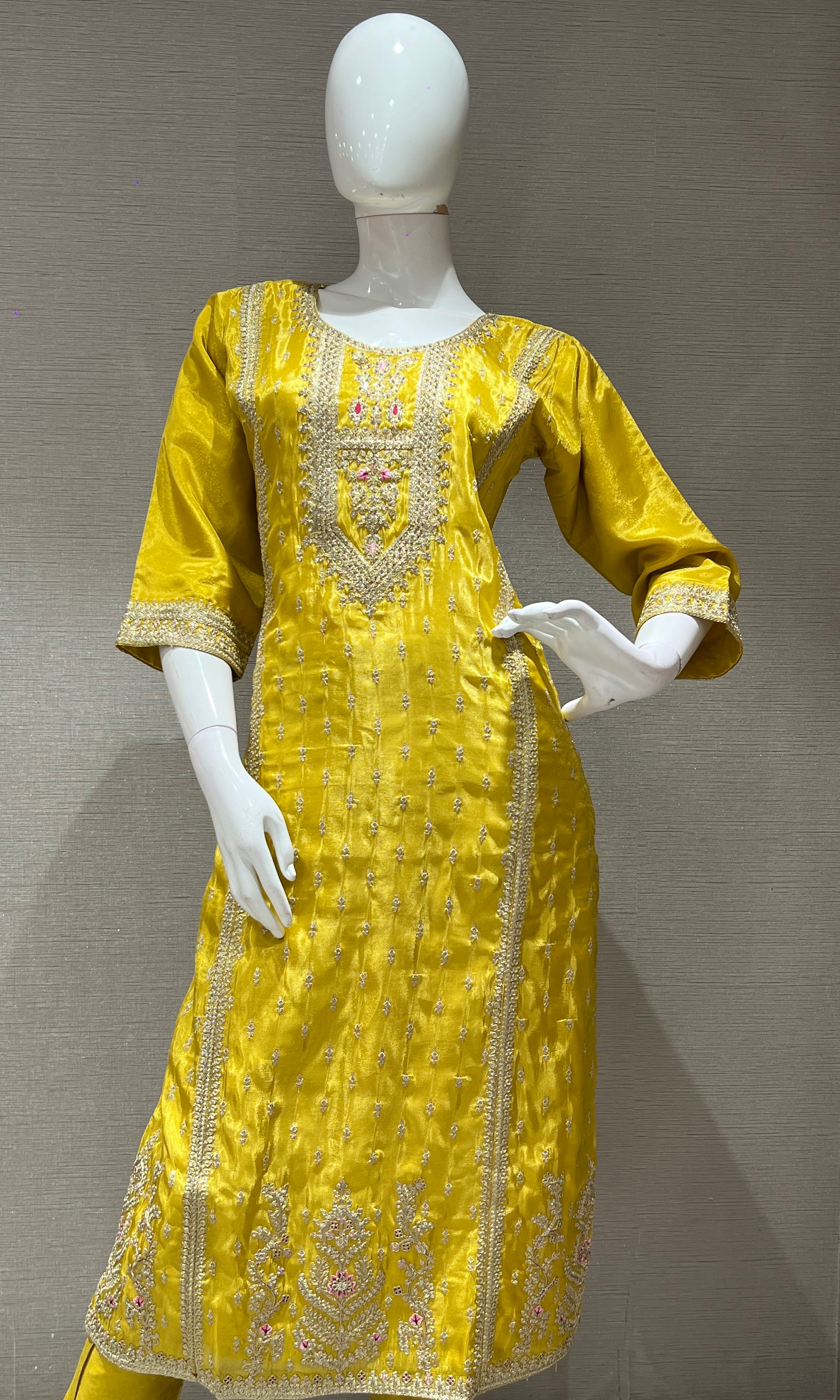 Yellow kurta set WITH CONTRAST PINK DUPATTA